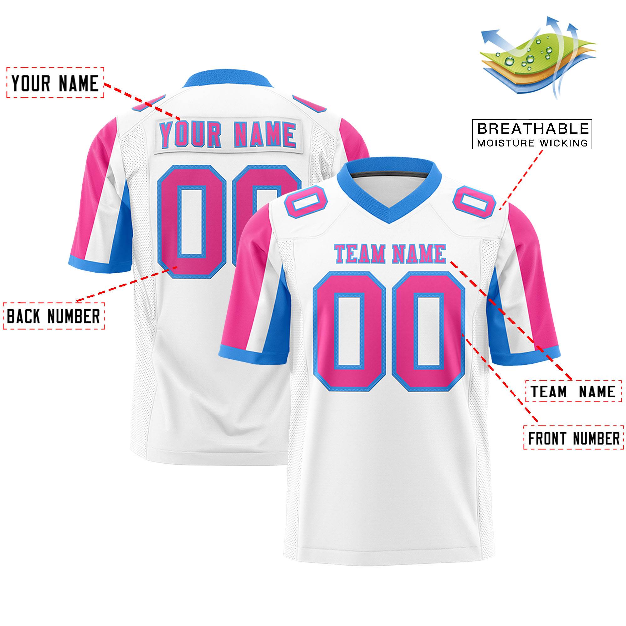 Custom White Pink-Powder Blue Color Block Personalized Raglan Sleeves Authentic Football Jersey