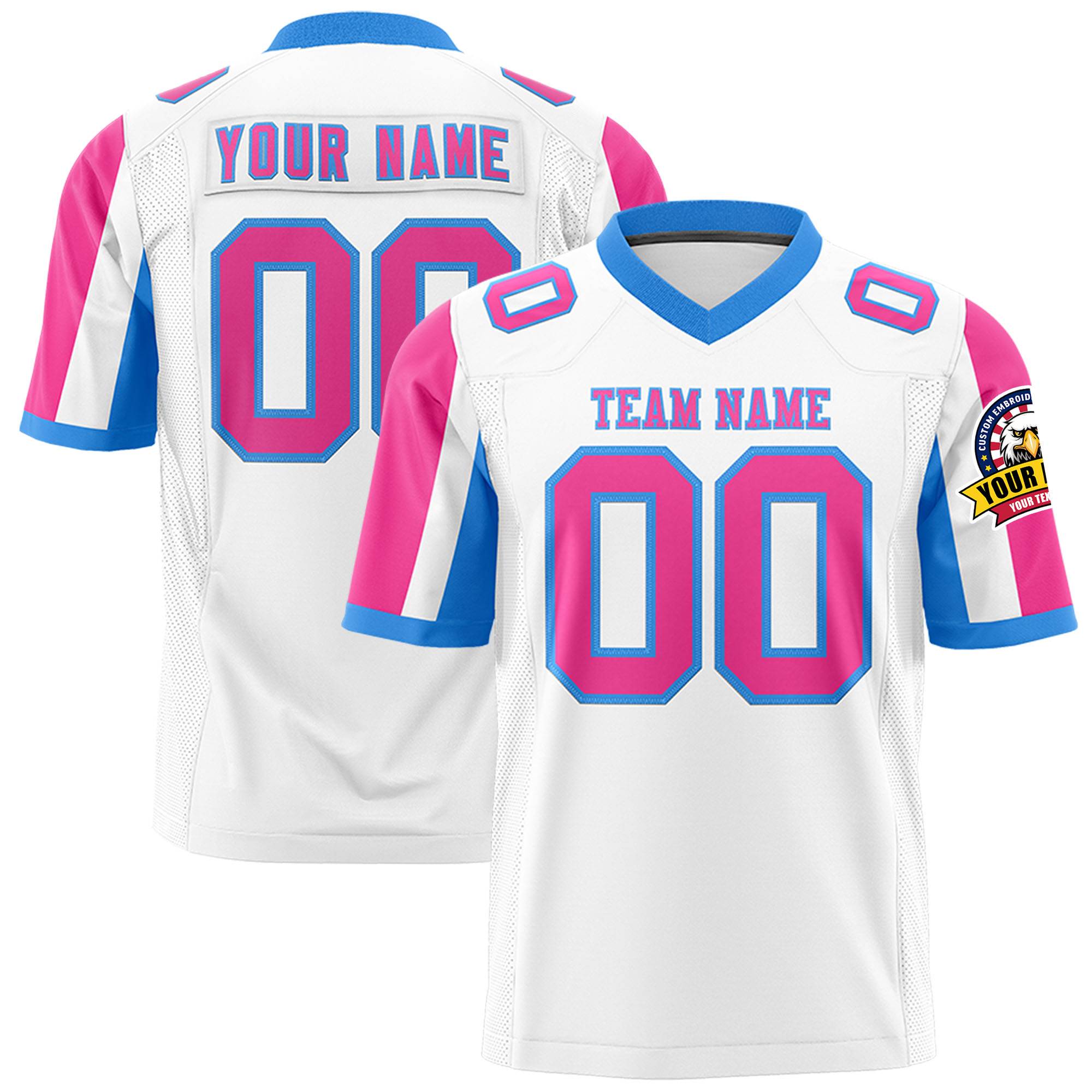 Custom White Pink-Powder Blue Color Block Personalized Raglan Sleeves Authentic Football Jersey