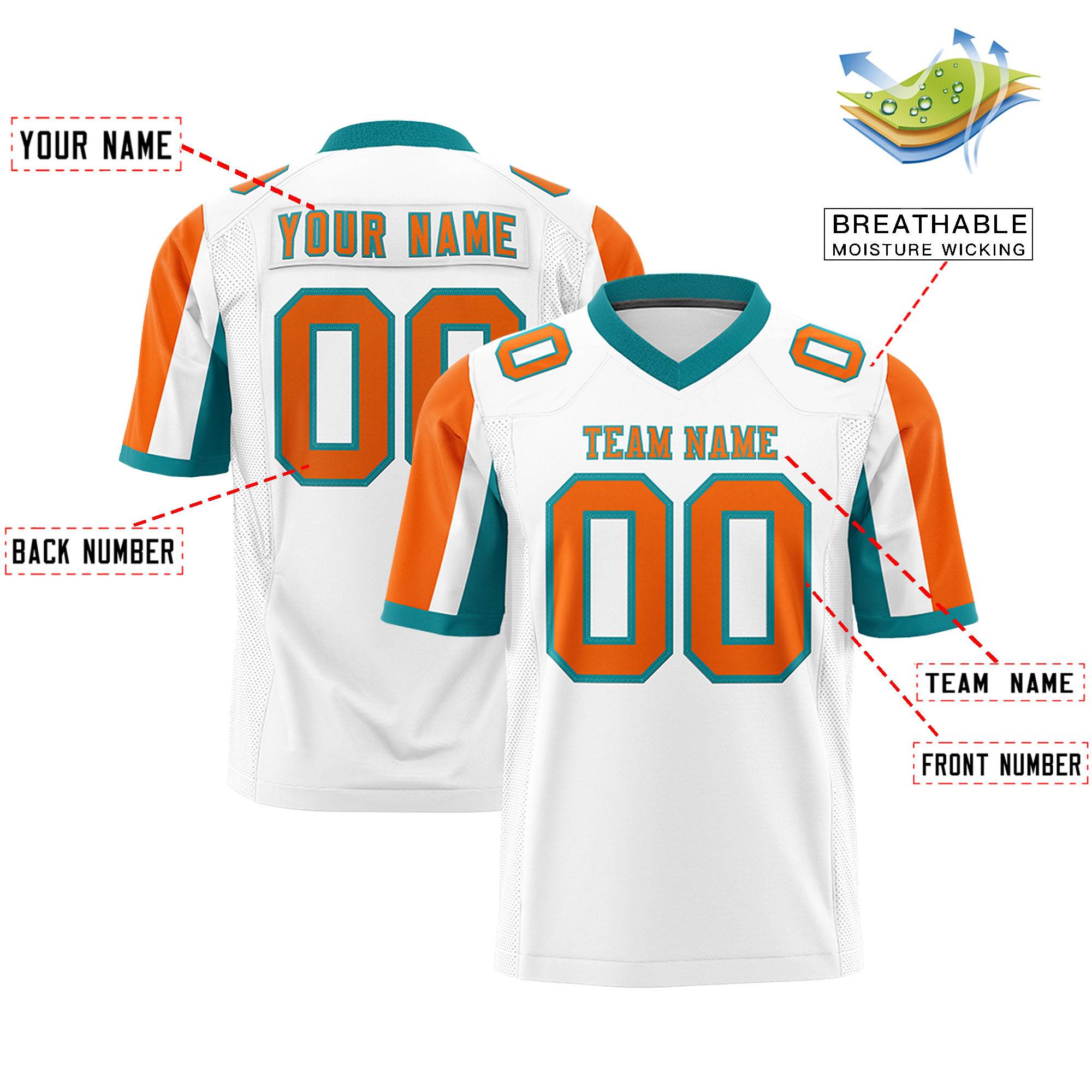 Custom White Orange-Aqua Color Block Personalized Raglan Sleeves Authentic Football Jersey