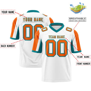 Custom White Orange-Aqua Color Block Personalized Raglan Sleeves Authentic Football Jersey