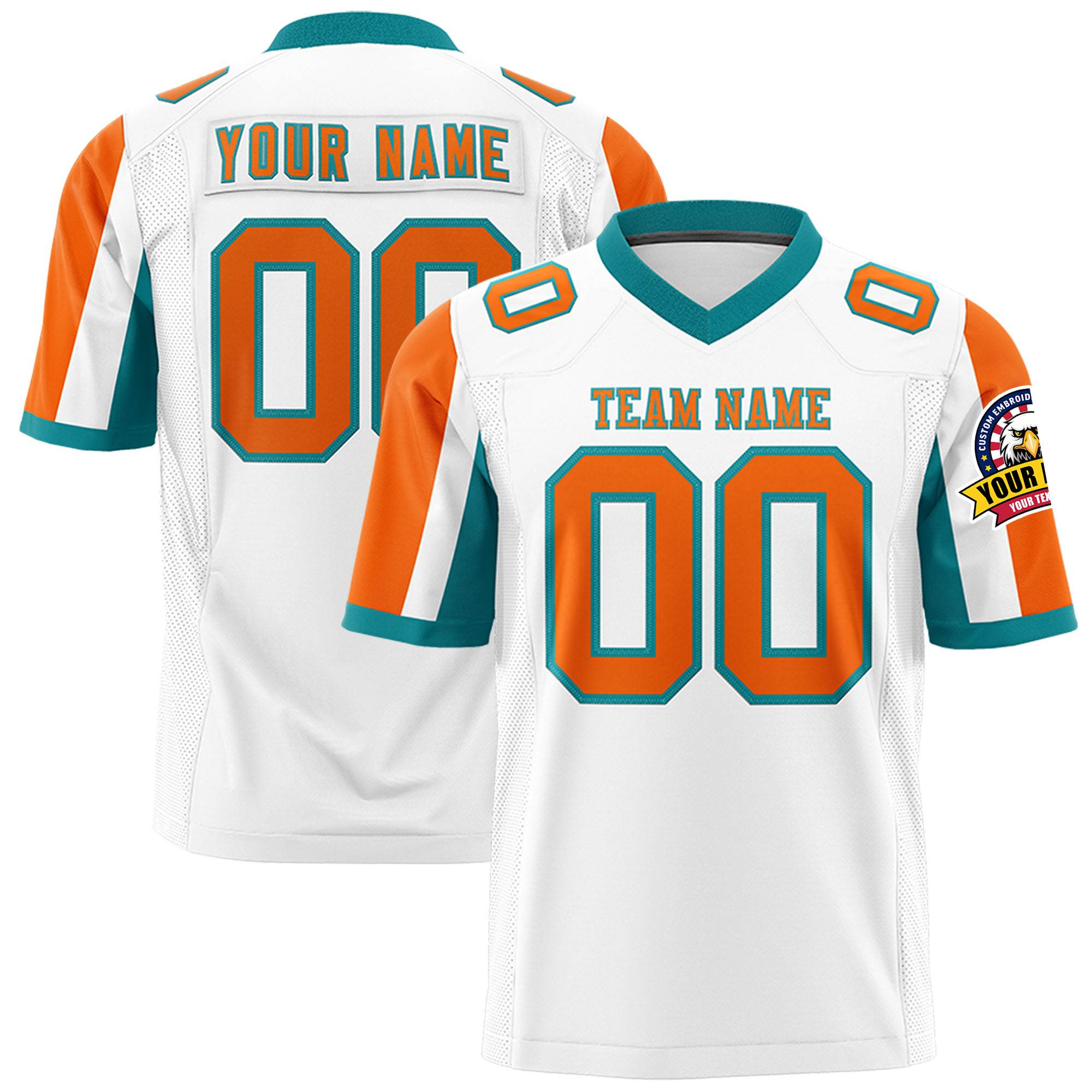 Custom White Orange-Aqua Color Block Personalized Raglan Sleeves Authentic Football Jersey