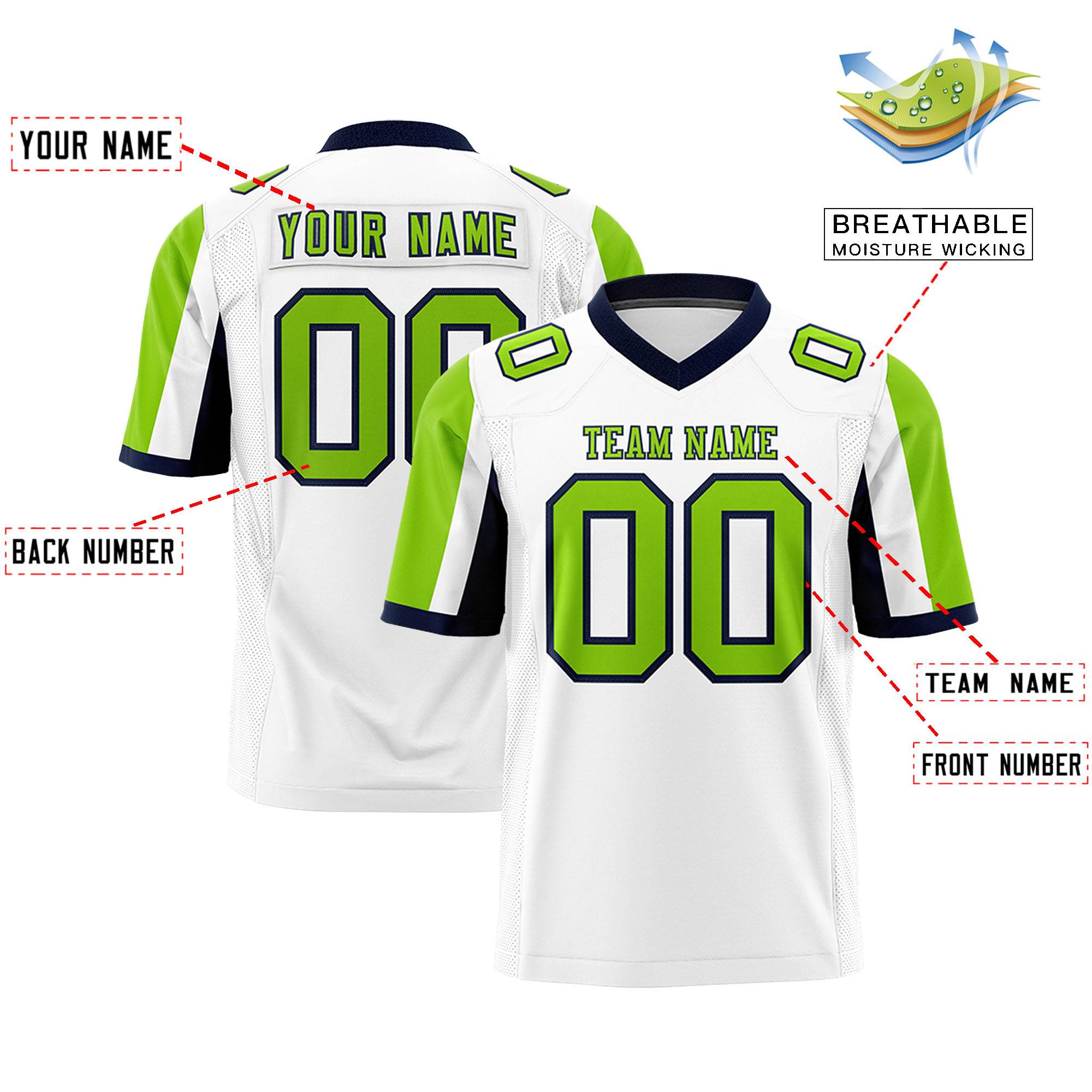 Custom White Neon Green-Navy Color Block Personalized Raglan Sleeves Authentic Football Jersey