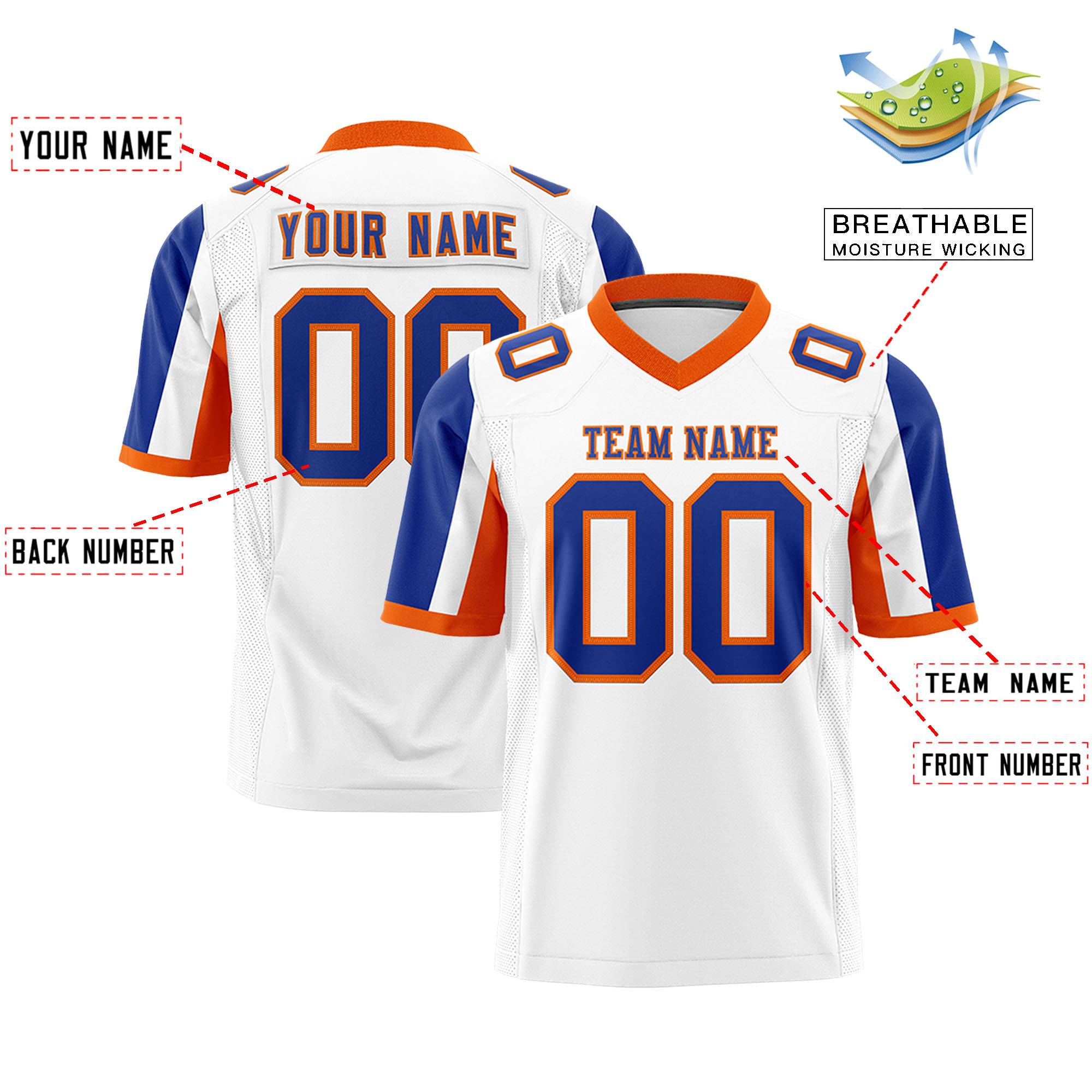 Custom White Royal-Orange Color Block Personalized Raglan Sleeves Authentic Football Jersey