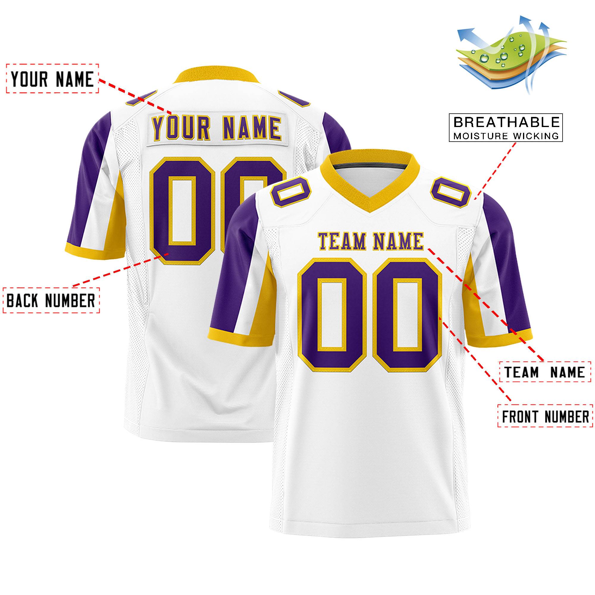 Custom White Purple-Gold Color Block Personalized Raglan Sleeves Authentic Football Jersey