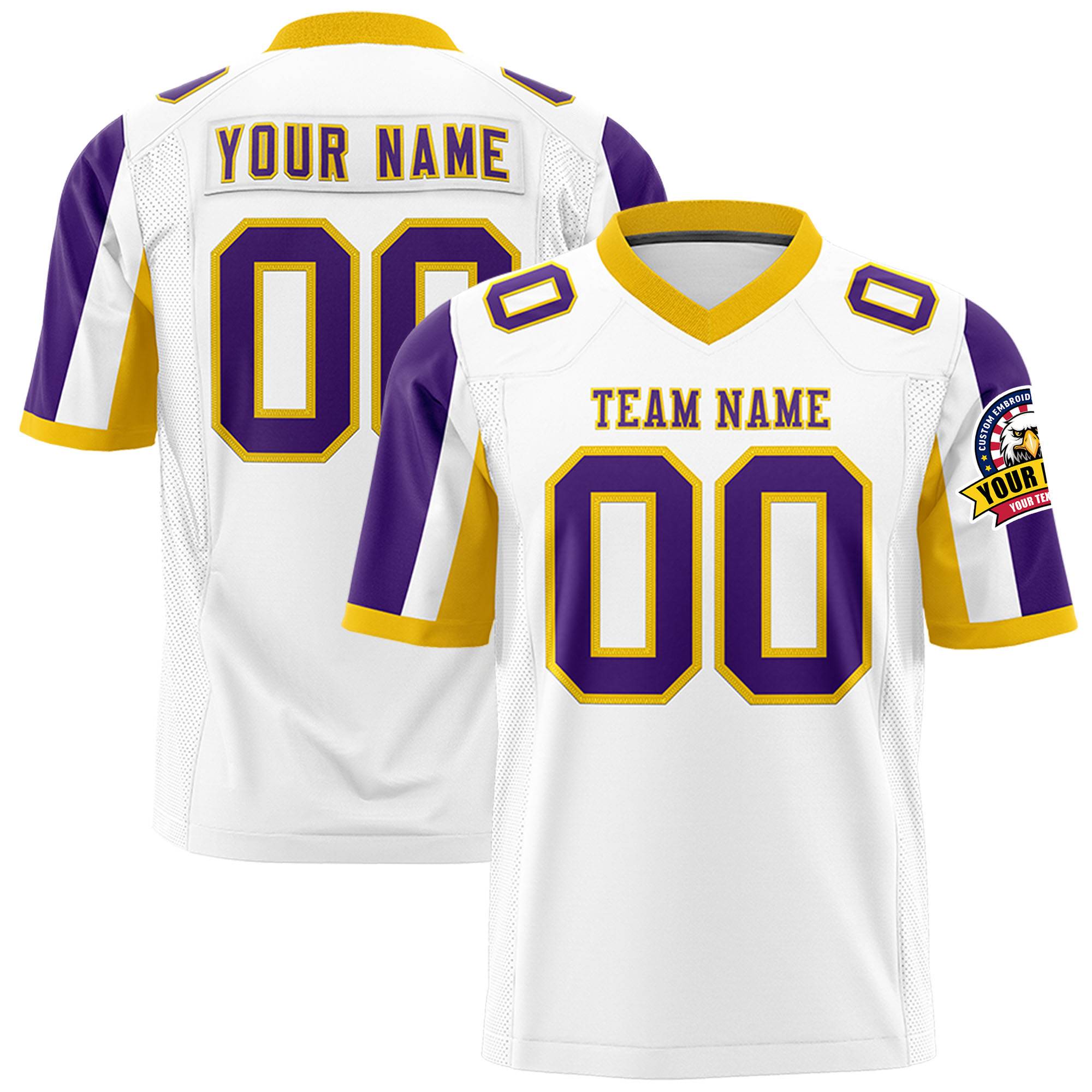 Custom White Purple-Gold Color Block Personalized Raglan Sleeves Authentic Football Jersey