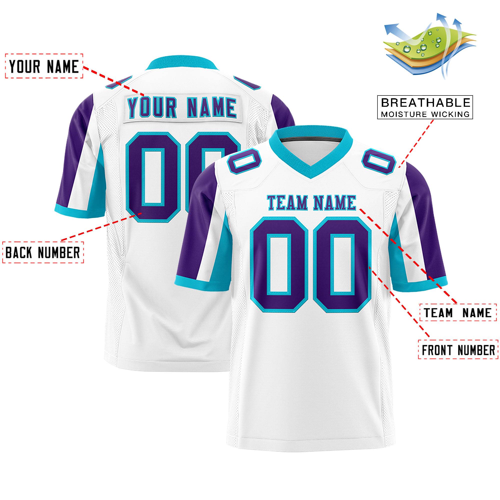 Custom White Purple-Sky Blue Color Block Personalized Raglan Sleeves Authentic Football Jersey