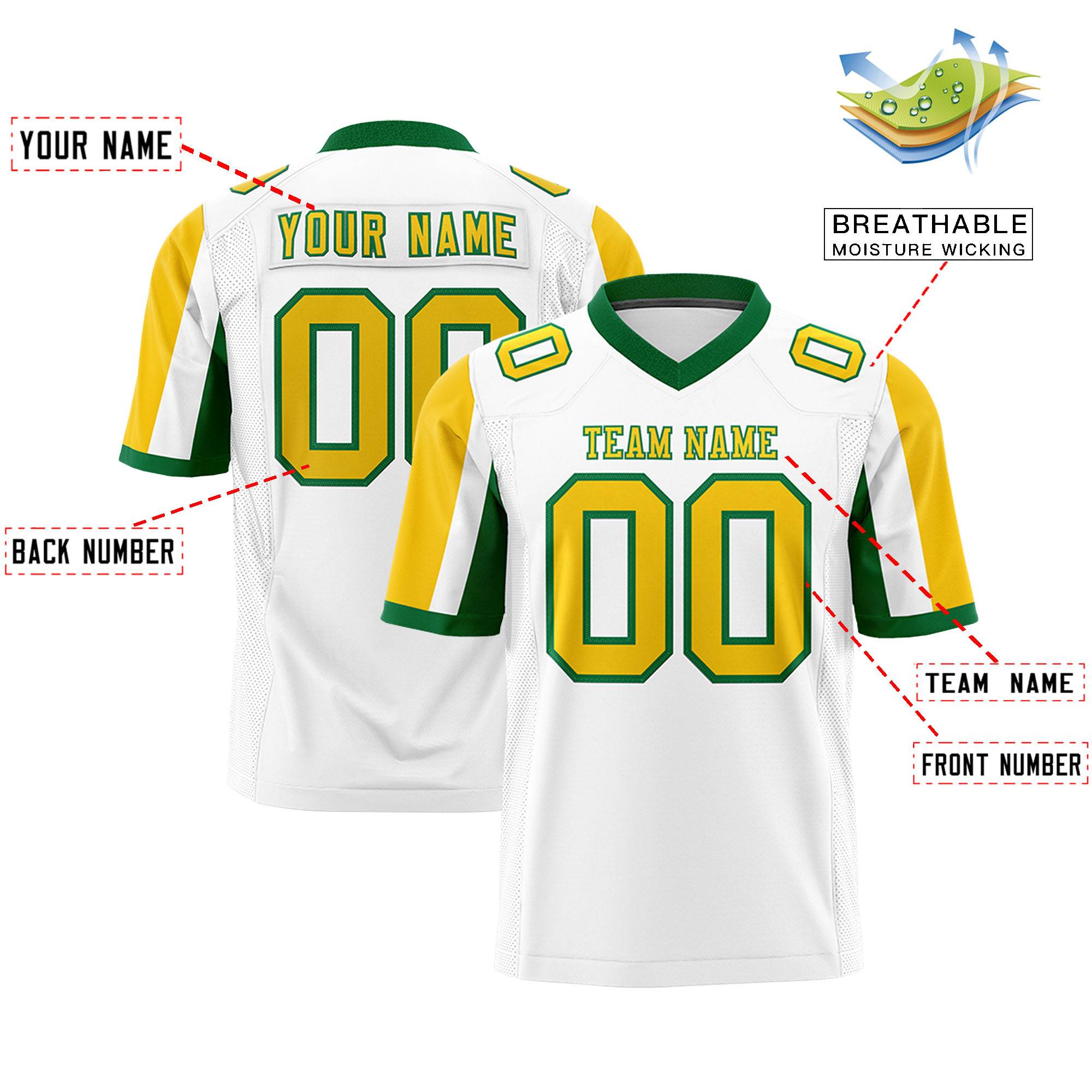 Custom White Gold-Kelly Green Color Block Personalized Raglan Sleeves Authentic Football Jersey