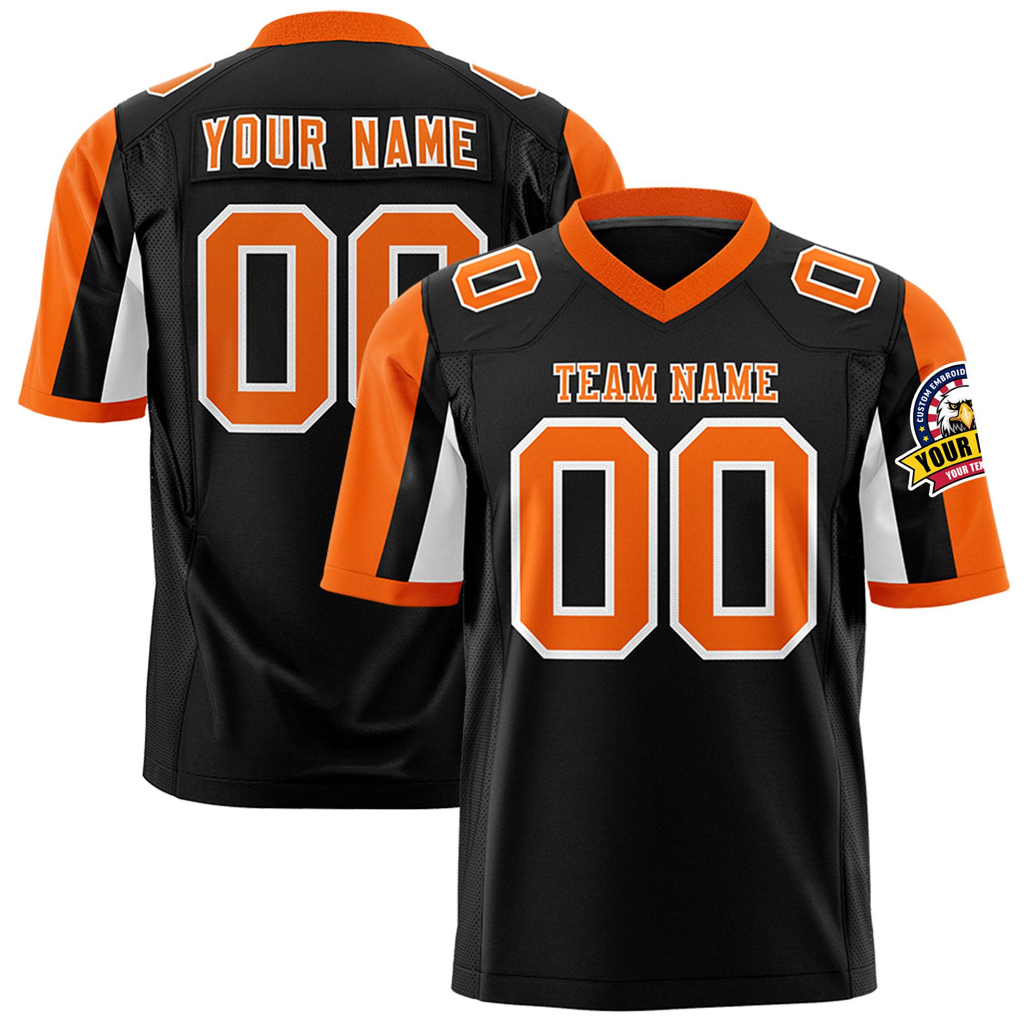 Custom Black Orange-White Color Block Personalized Raglan Sleeves Authentic Football Jersey