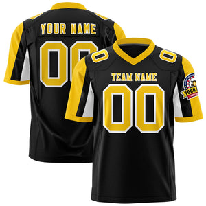 Custom Black Gold-White Color Block Personalized Raglan Sleeves Authentic Football Jersey