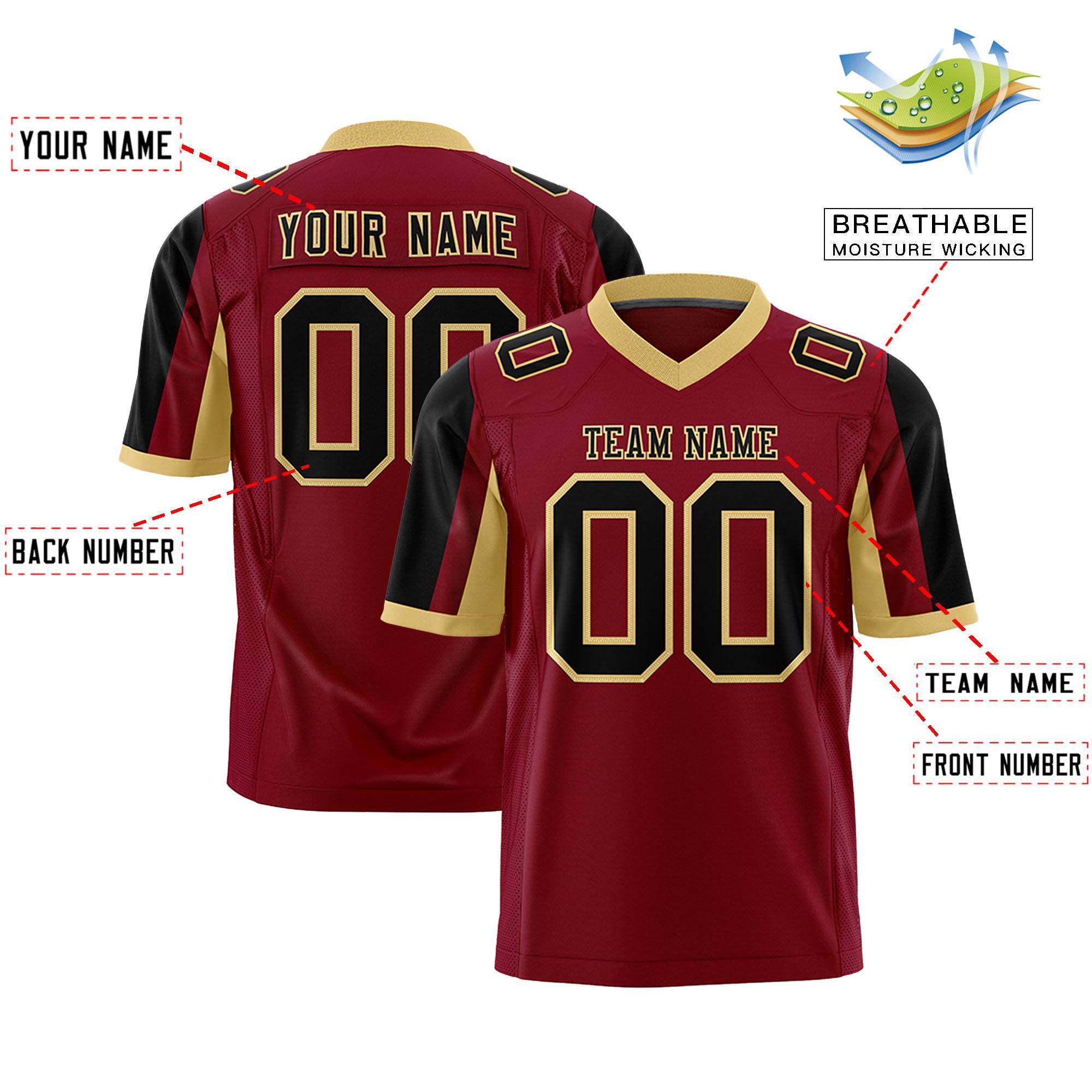 Custom Crimson Black-Khaki Color Block Personalized Raglan Sleeves Authentic Football Jersey