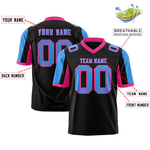 Custom Black Powder Blue-Pink Color Block Personalized Raglan Sleeves Authentic Football Jersey