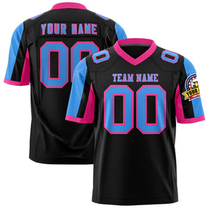 Custom Black Powder Blue-Pink Color Block Personalized Raglan Sleeves Authentic Football Jersey