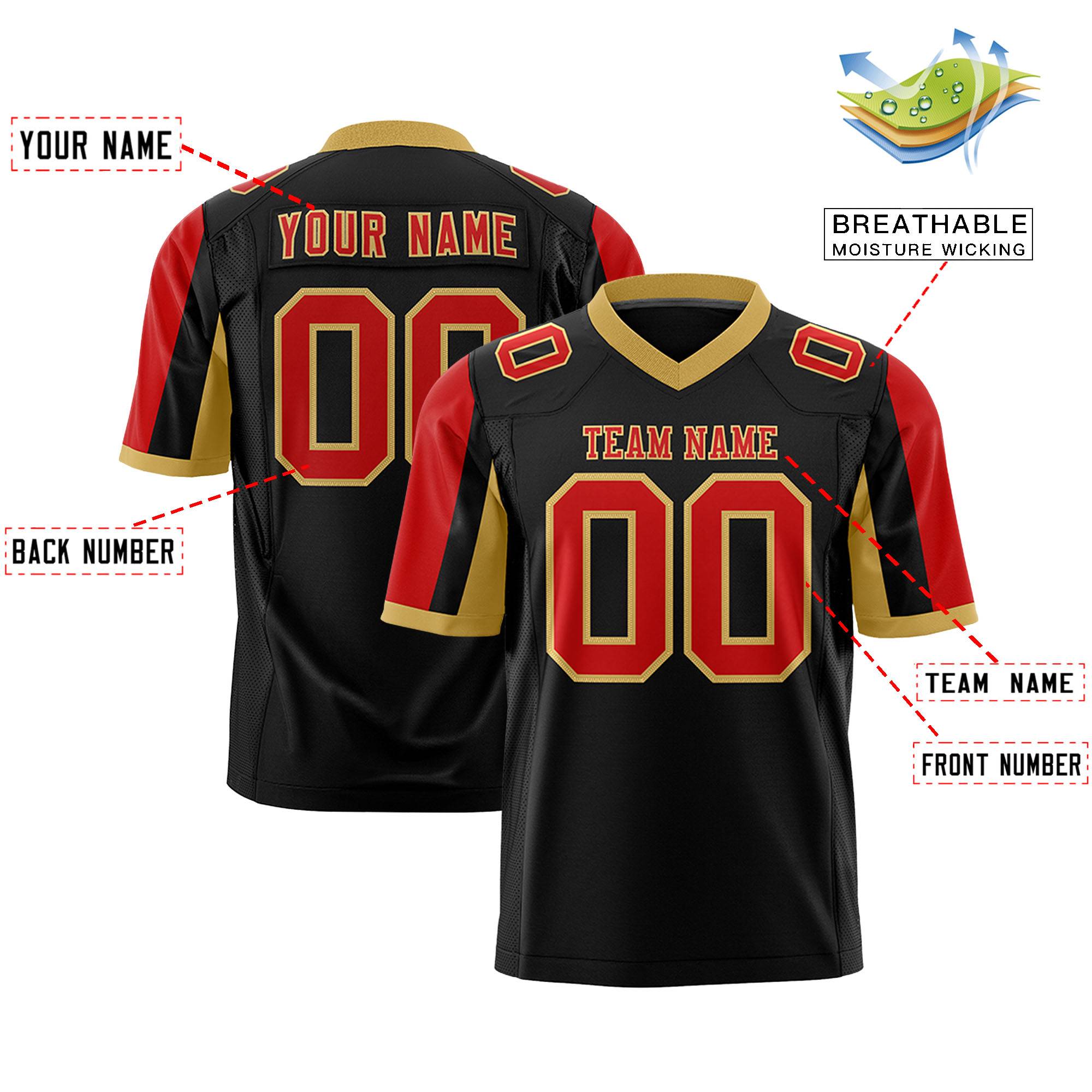 Custom Black Red-Old Gold Color Block Personalized Raglan Sleeves Authentic Football Jersey