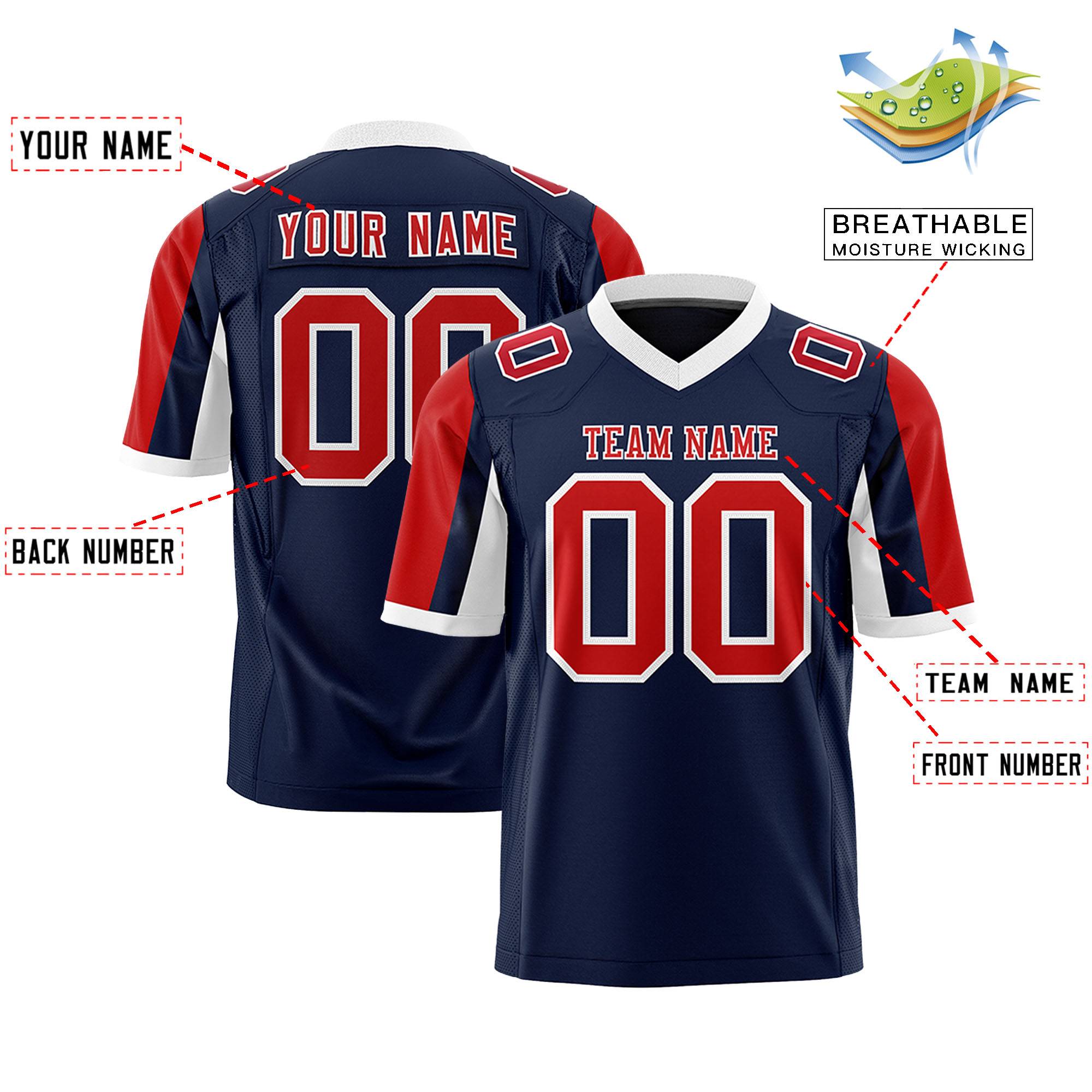 Custom Navy Red-White Color Block Personalized Raglan Sleeves Authentic Football Jersey