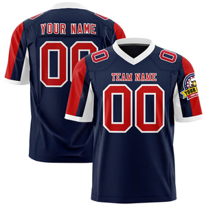 Custom Navy Red-White Color Block Personalized Raglan Sleeves Authentic Football Jersey