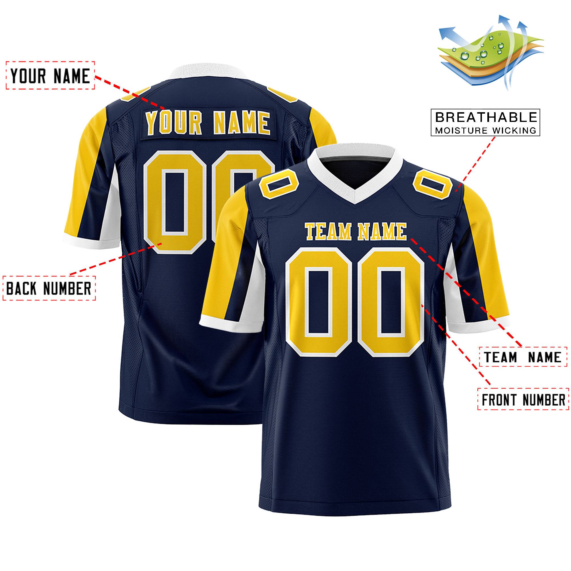 Custom Navy Gold-White Color Block Personalized Raglan Sleeves Authentic Football Jersey