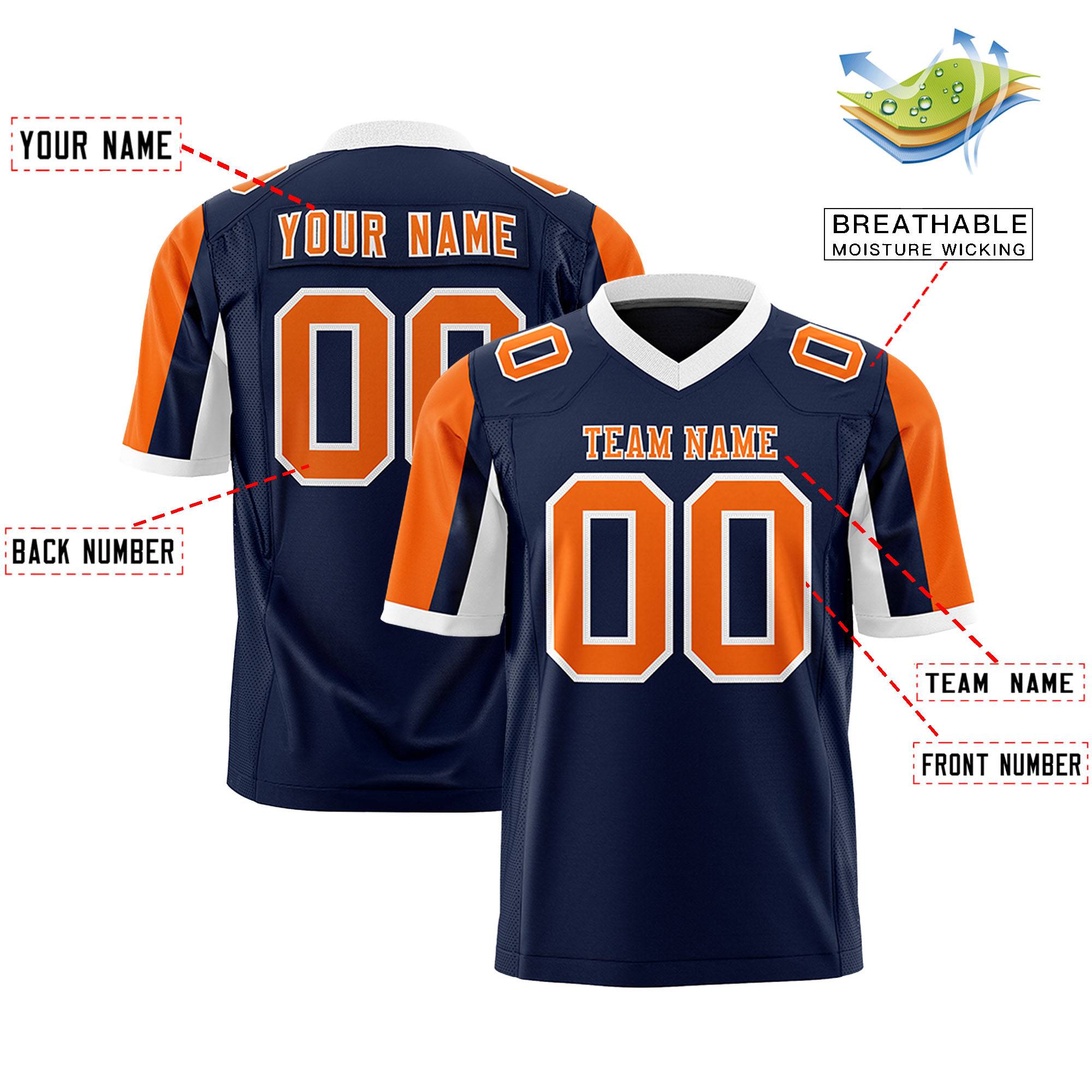 Custom Navy Orange-White Color Block Personalized Raglan Sleeves Authentic Football Jersey