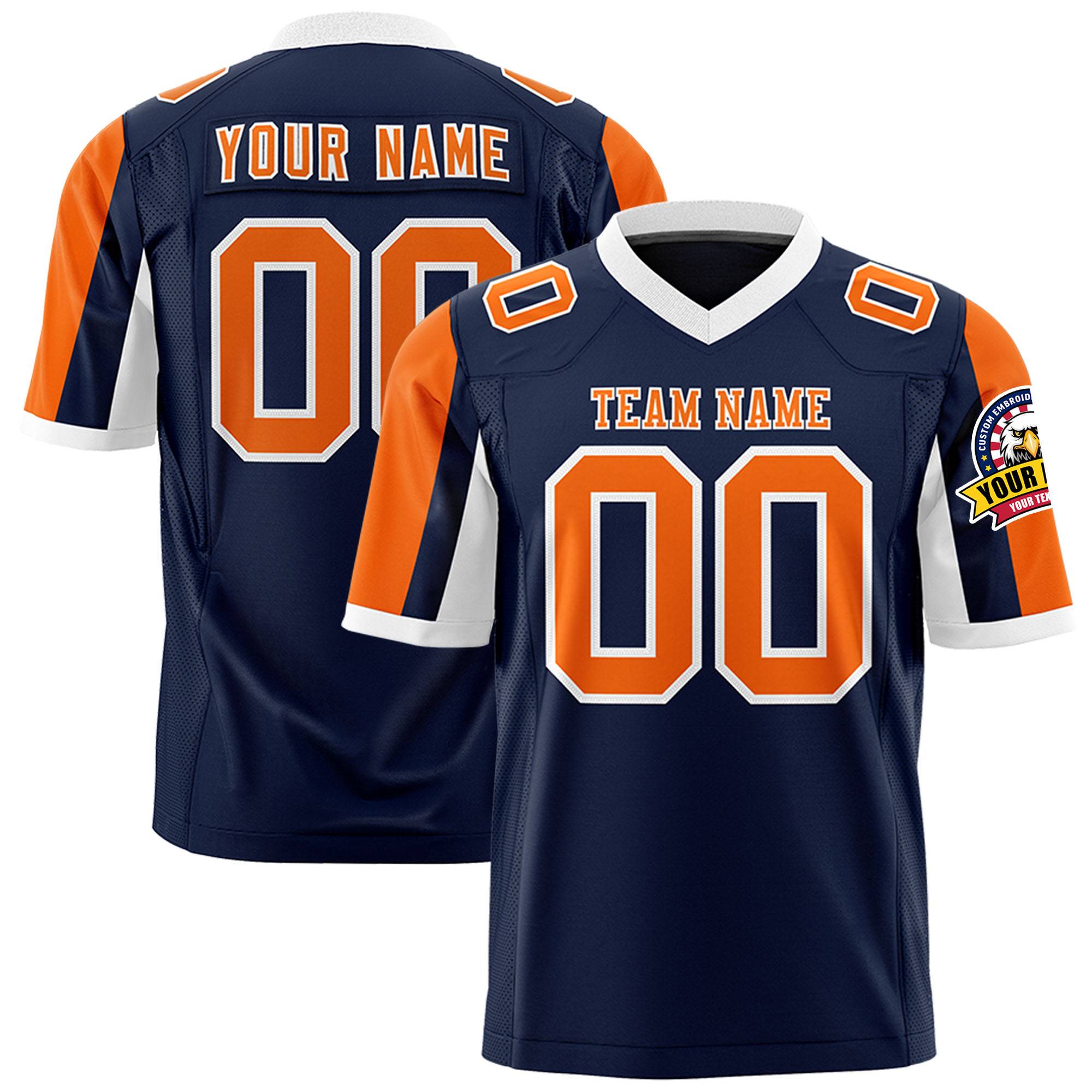 Custom Navy Orange-White Color Block Personalized Raglan Sleeves Authentic Football Jersey