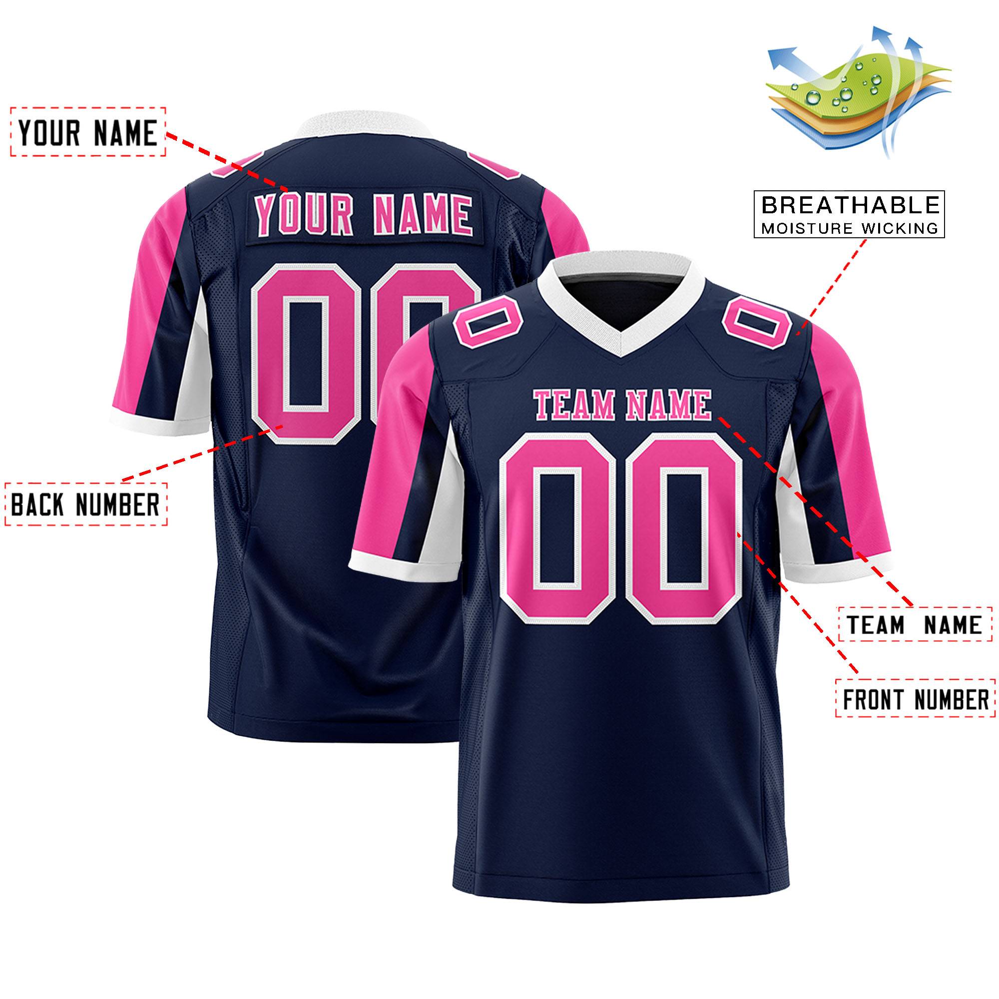 Custom Navy Pink-White Color Block Personalized Raglan Sleeves Authentic Football Jersey