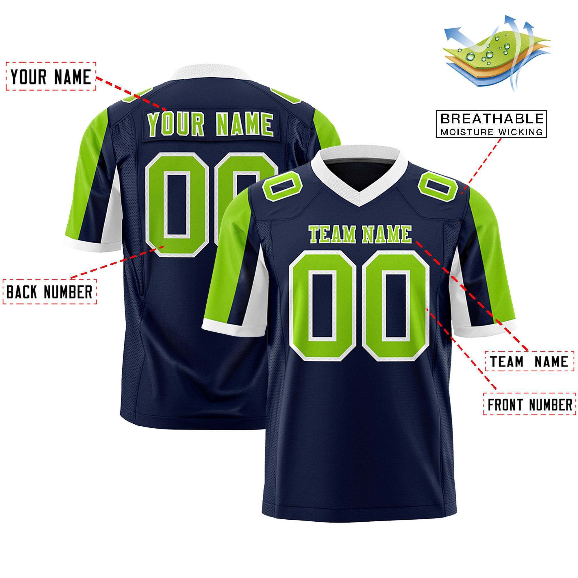 Custom Navy Neon Green-White Color Block Personalized Raglan Sleeves Authentic Football Jersey