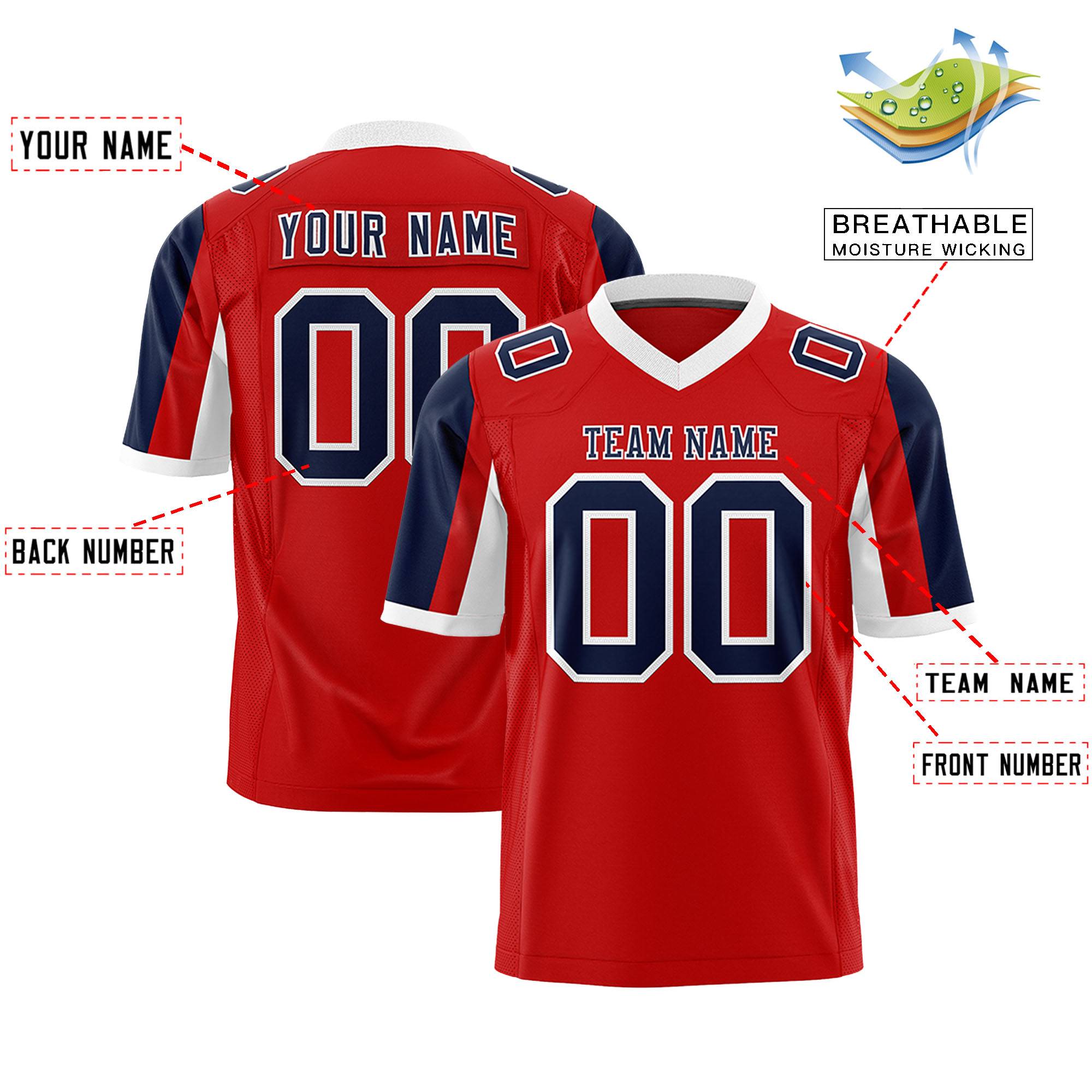 Custom Red Navy-White Color Block Personalized Raglan Sleeves Authentic Football Jersey