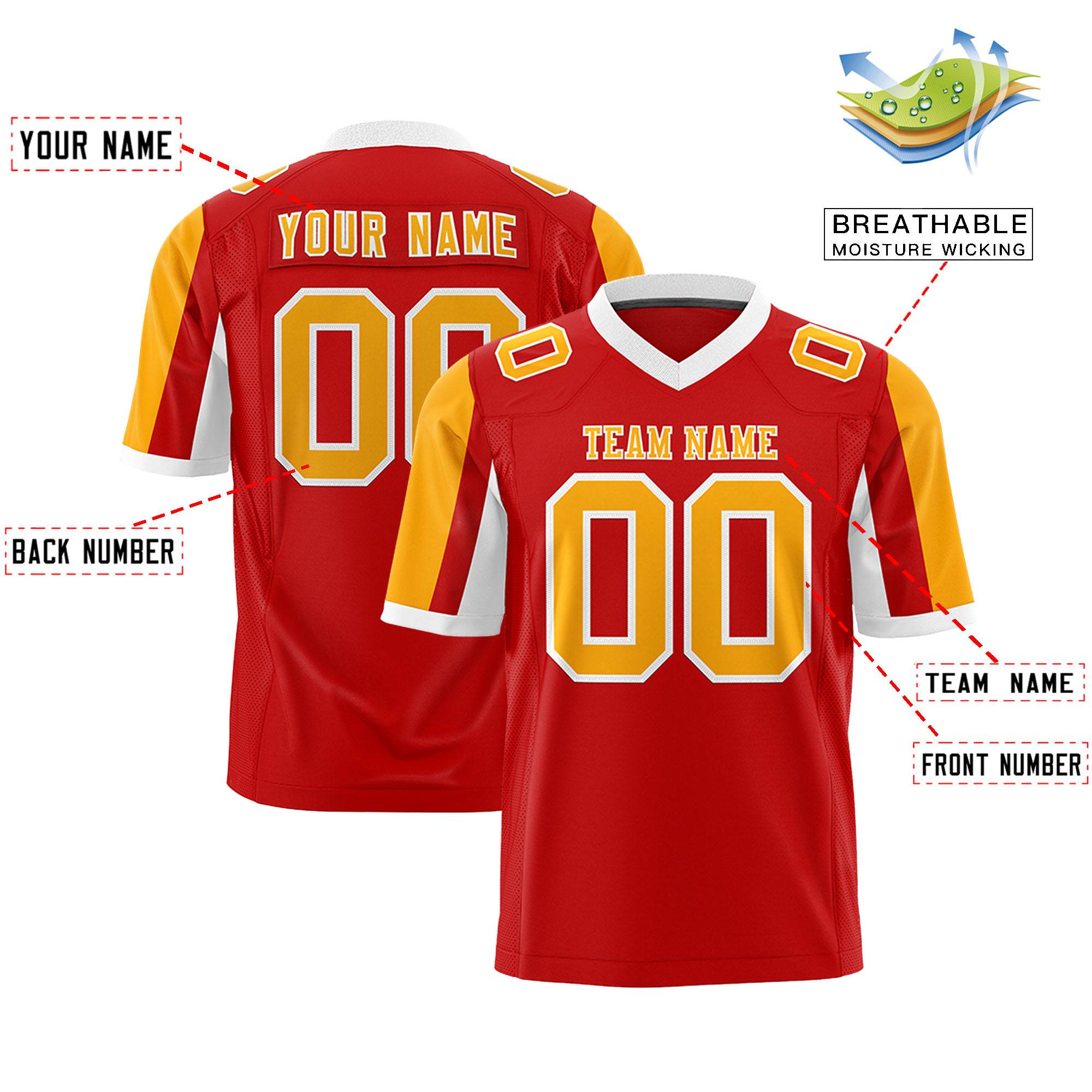 Custom Red Yellow-White Color Block Personalized Raglan Sleeves Authentic Football Jersey