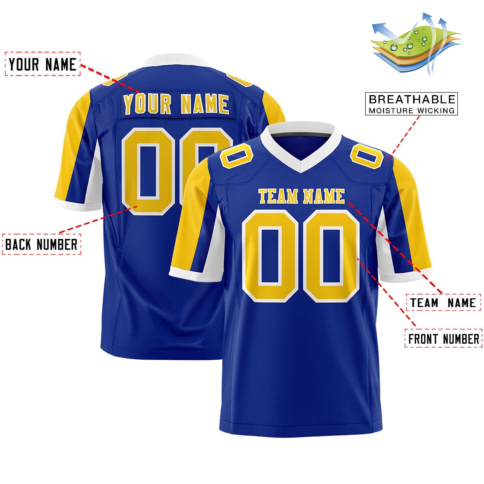 Custom Royal Gold-White Color Block Personalized Raglan Sleeves Authentic Football Jersey