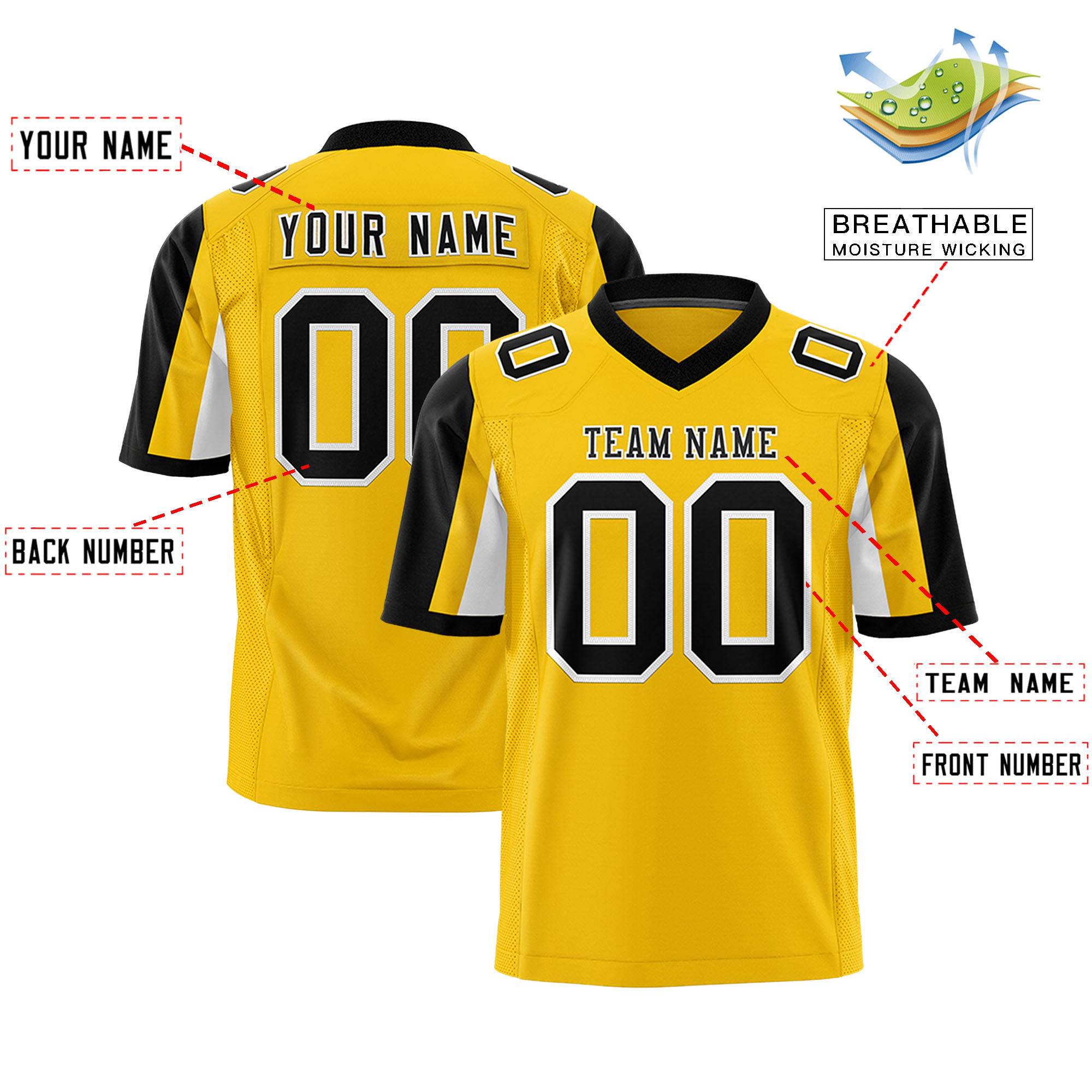 Custom Gold Black-White Color Block Personalized Raglan Sleeves Authentic Football Jersey