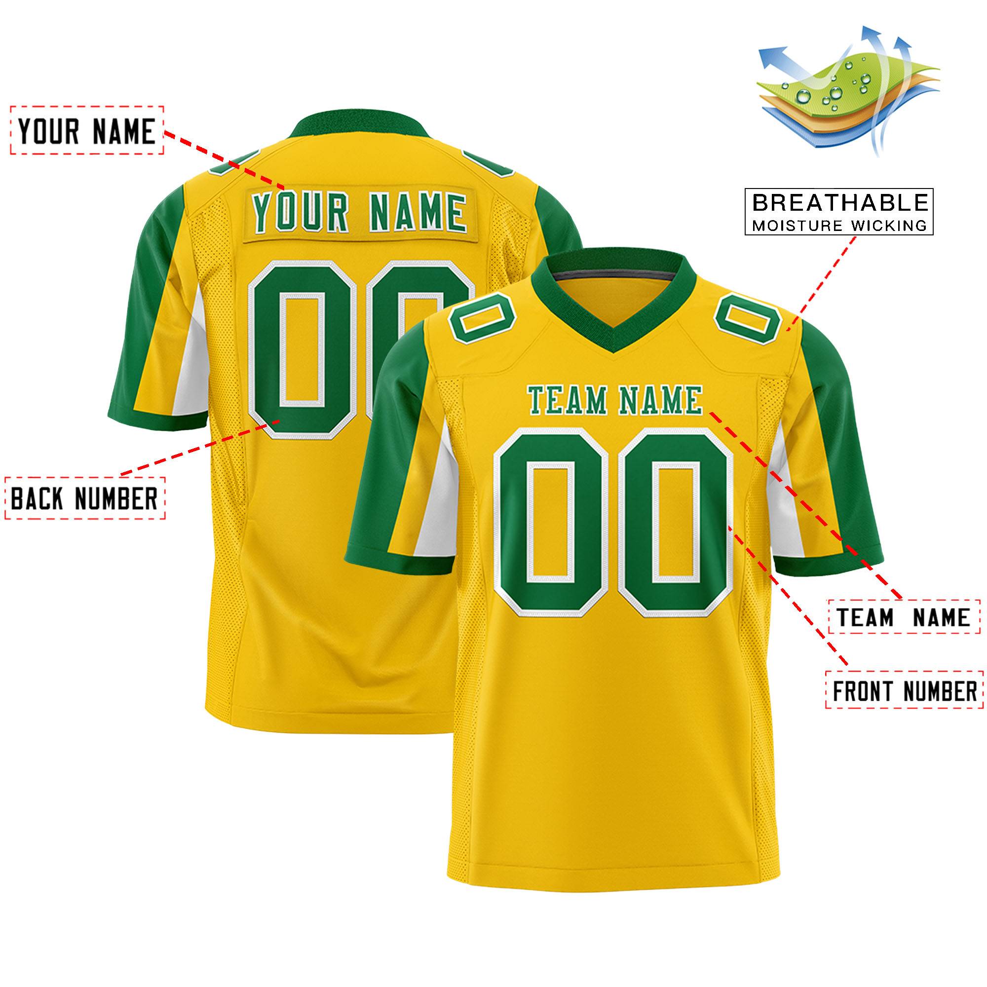 Custom Gold Kelly Green-White Color Block Personalized Raglan Sleeves Authentic Football Jersey