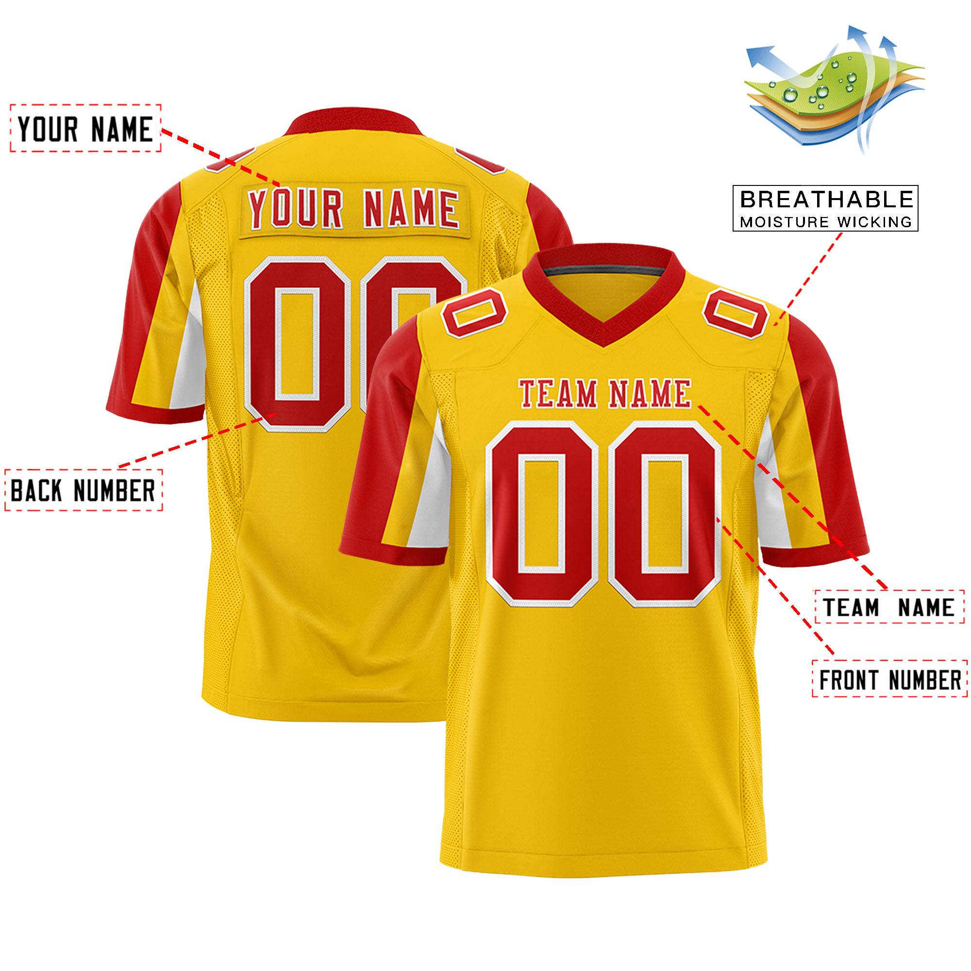 Custom Gold Red-White Color Block Personalized Raglan Sleeves Authentic Football Jersey