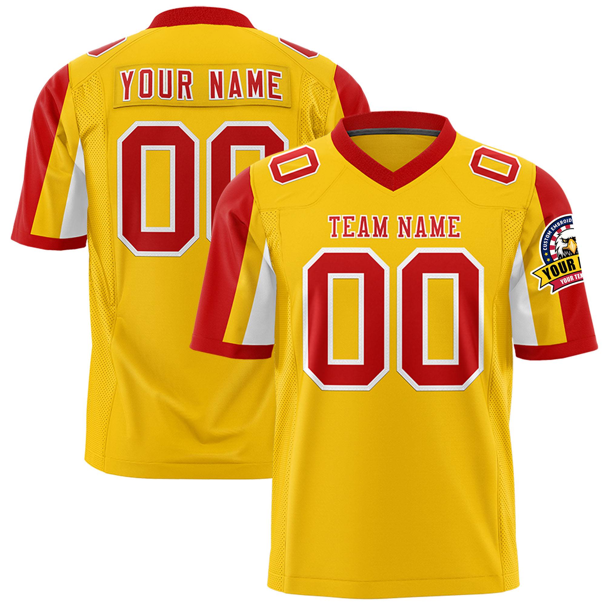 Custom Gold Red-White Color Block Personalized Raglan Sleeves Authentic Football Jersey