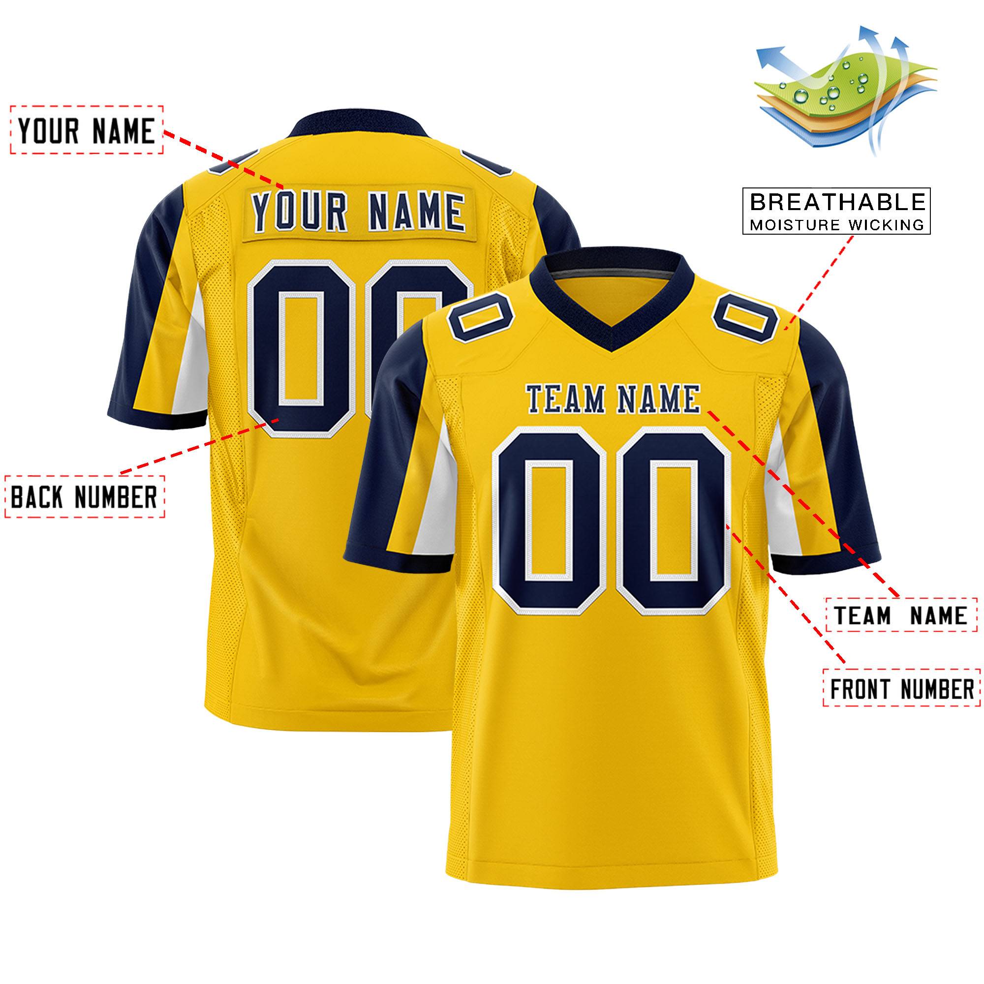 Custom Gold Navy-White Color Block Personalized Raglan Sleeves Authentic Football Jersey