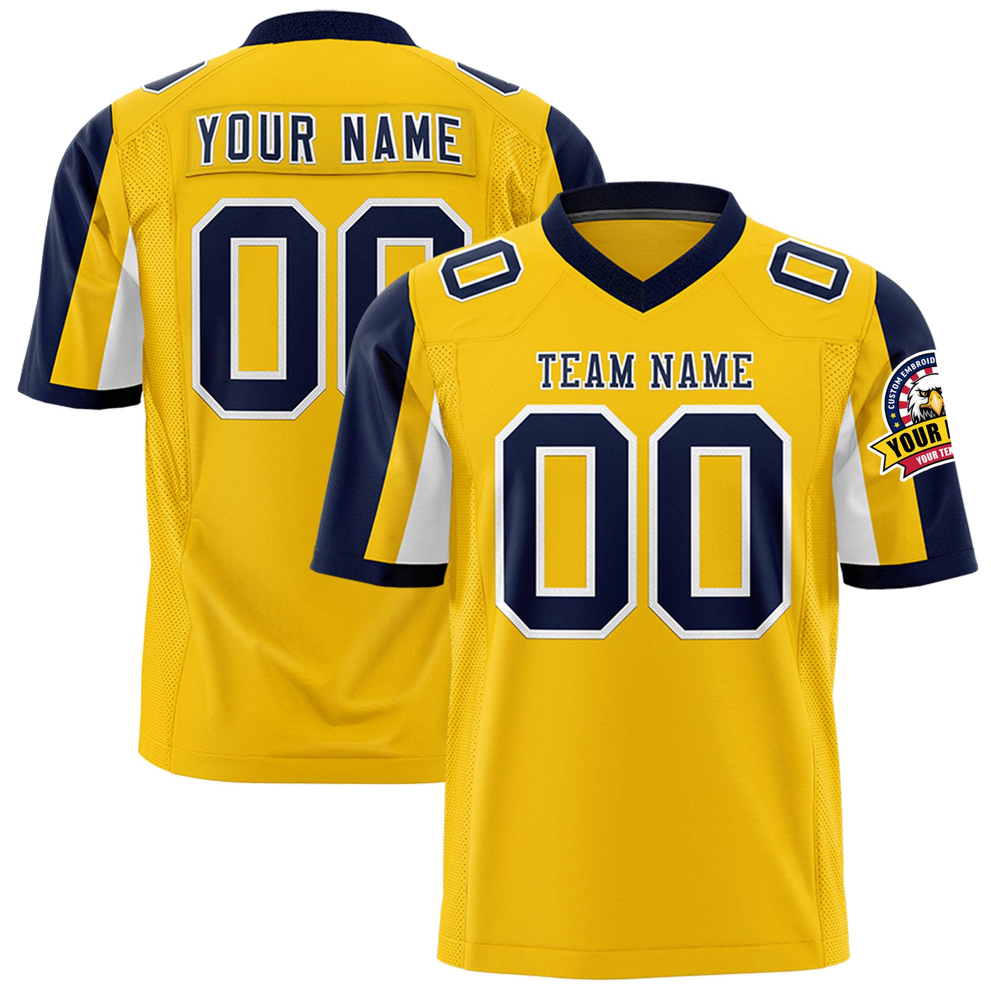 Custom Gold Navy-White Color Block Personalized Raglan Sleeves Authentic Football Jersey