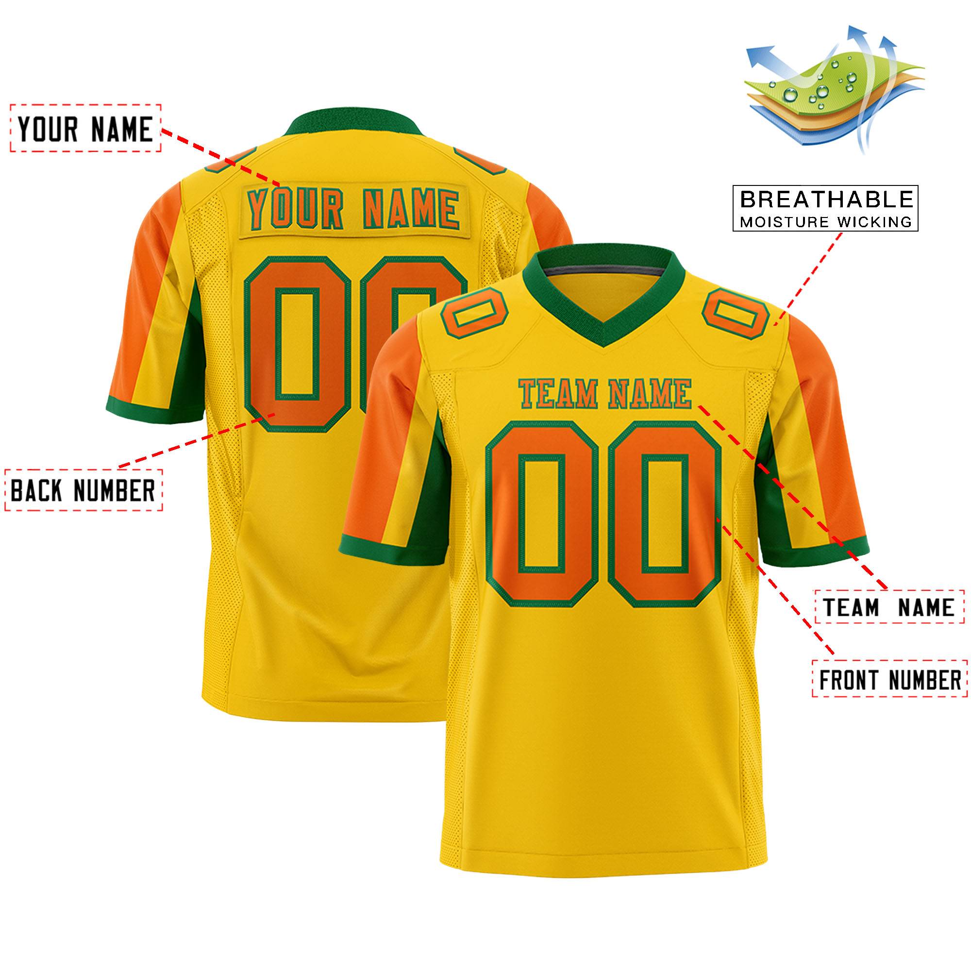 Custom Gold Orange-Kelly Green Color Block Personalized Raglan Sleeves Authentic Football Jersey