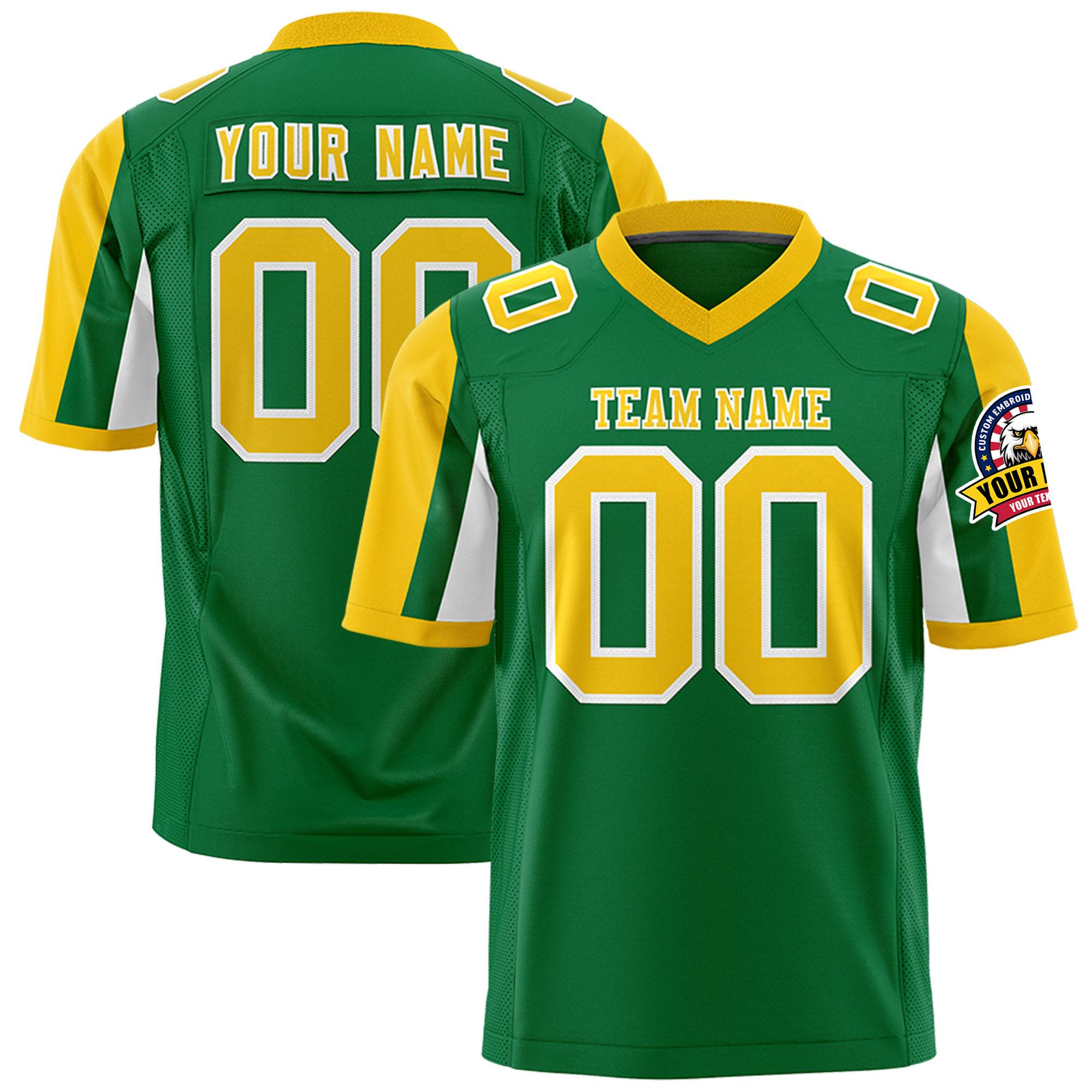 Custom Kelly Green Gold-White Color Block Personalized Raglan Sleeves Authentic Football Jersey