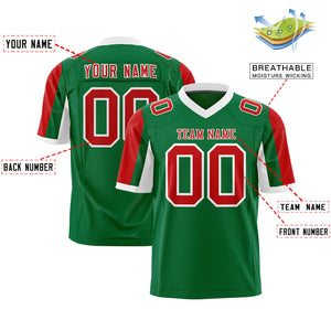 Custom Kelly Green Red-White Color Block Personalized Raglan Sleeves Authentic Football Jersey