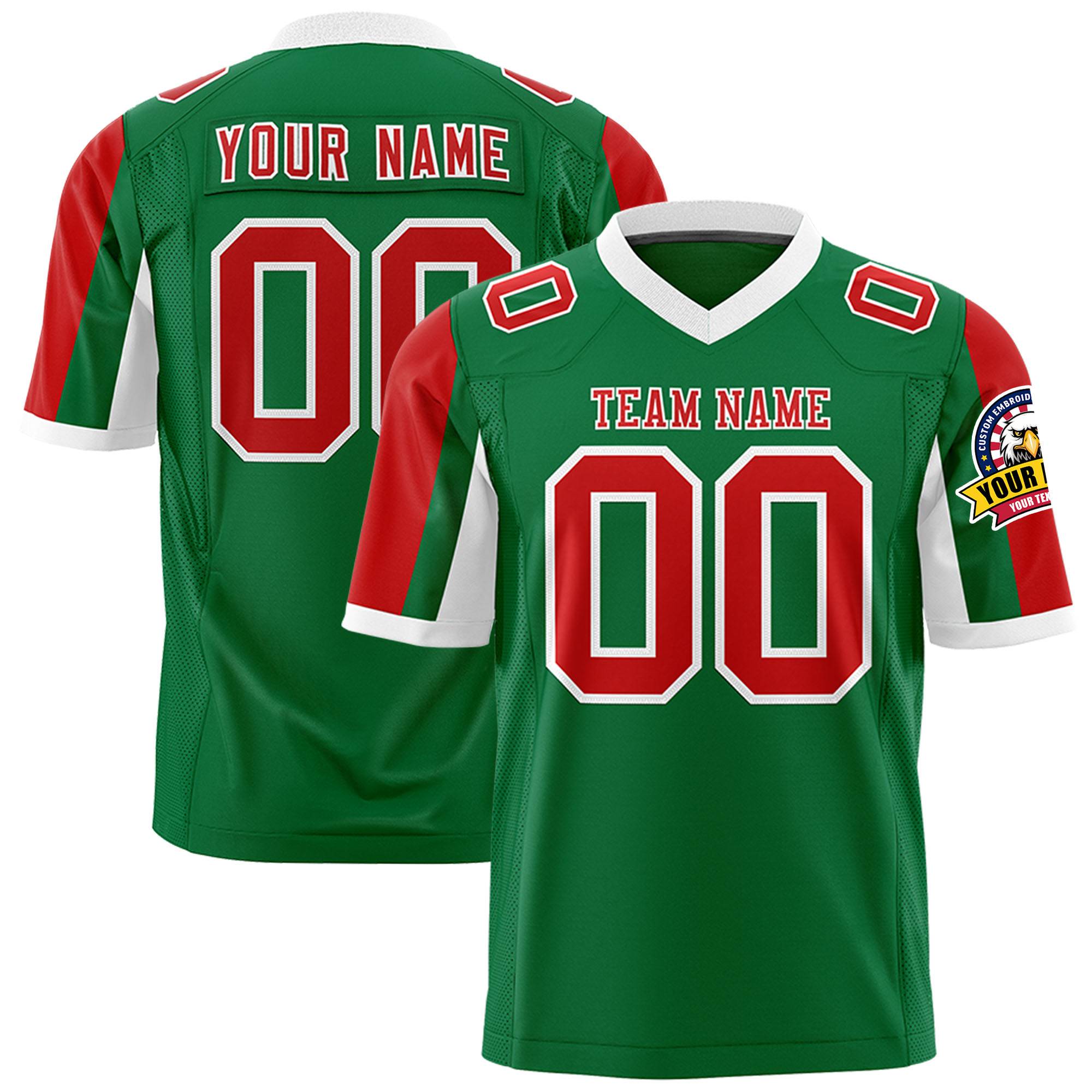 Custom Kelly Green Red-White Color Block Personalized Raglan Sleeves Authentic Football Jersey