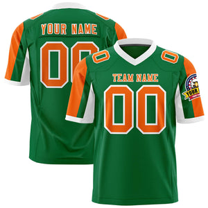 Custom Kelly Green Orange-White Color Block Personalized Raglan Sleeves Authentic Football Jersey