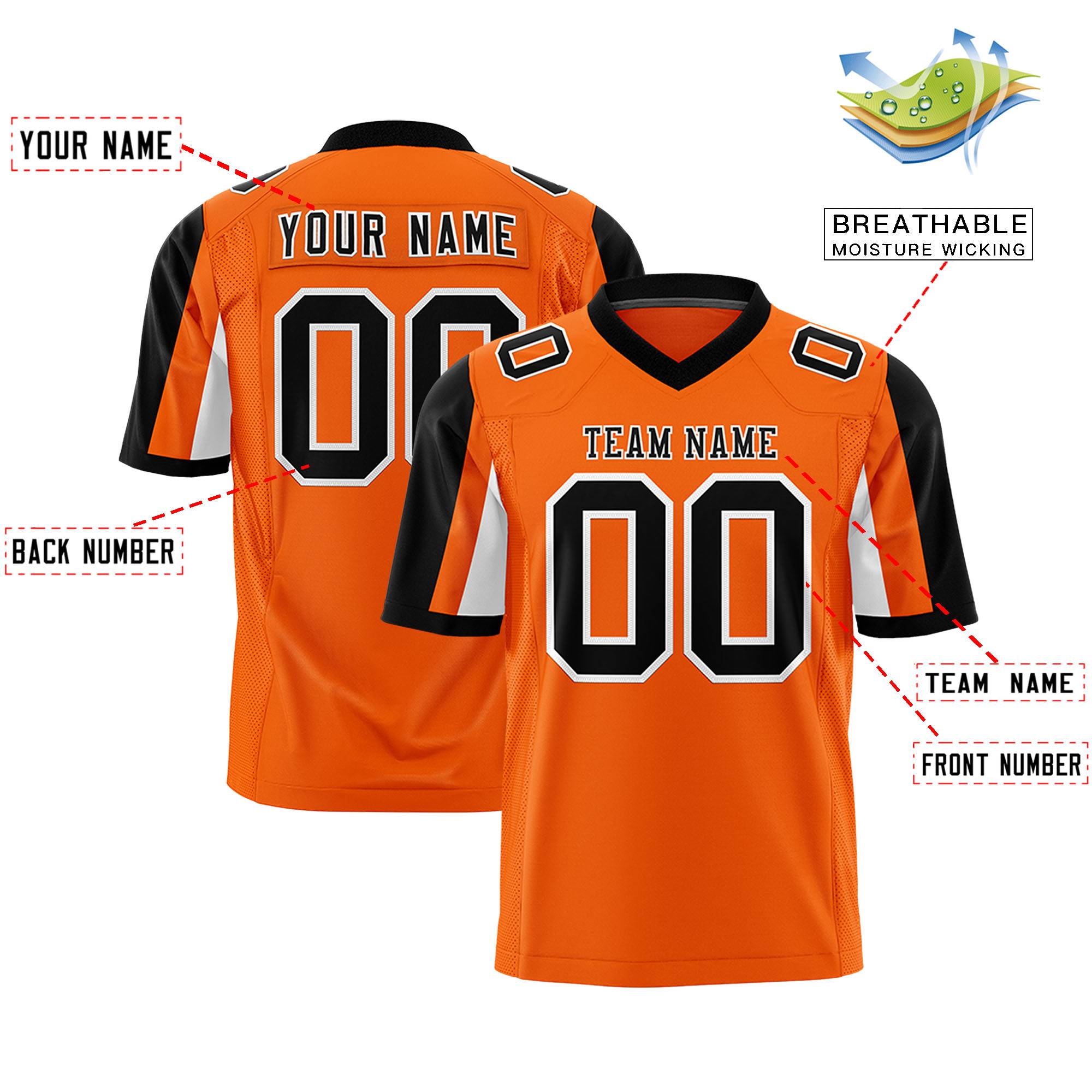 Custom Orange Black-White Color Block Personalized Raglan Sleeves Authentic Football Jersey