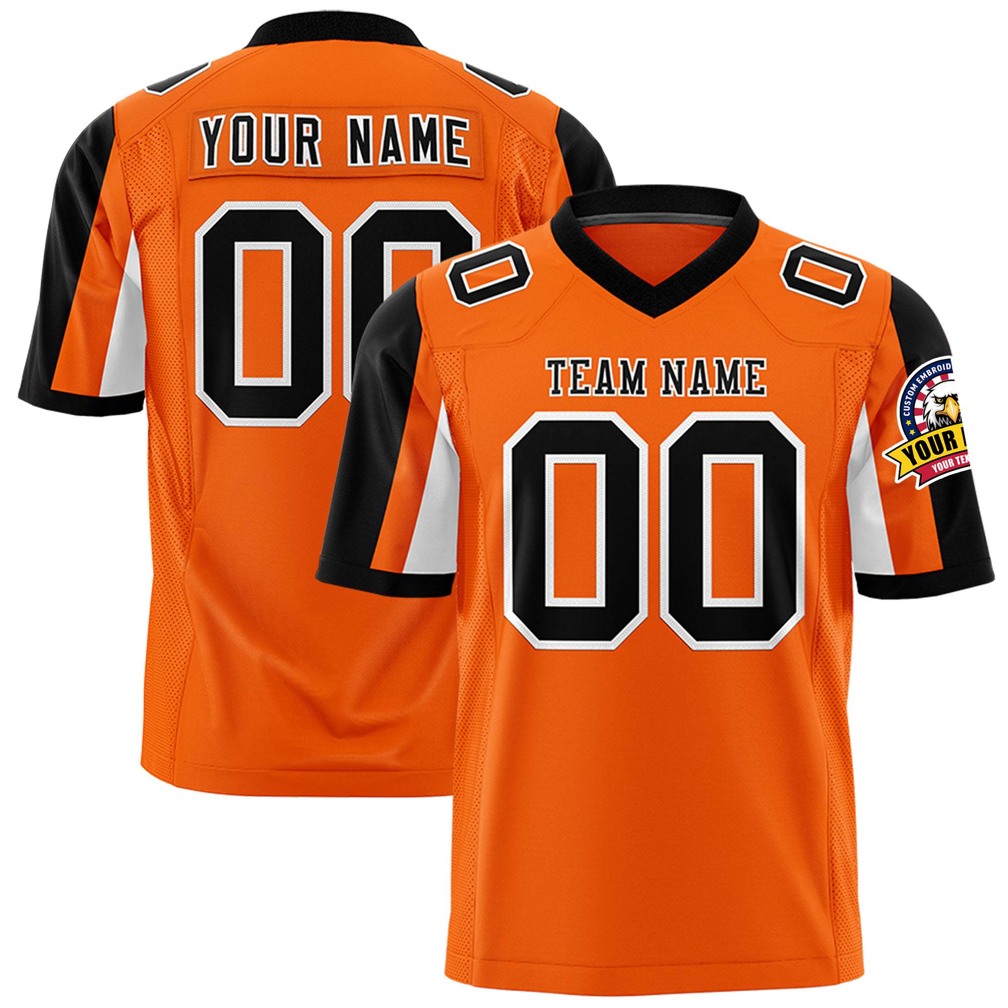 Custom Orange Black-White Color Block Personalized Raglan Sleeves Authentic Football Jersey