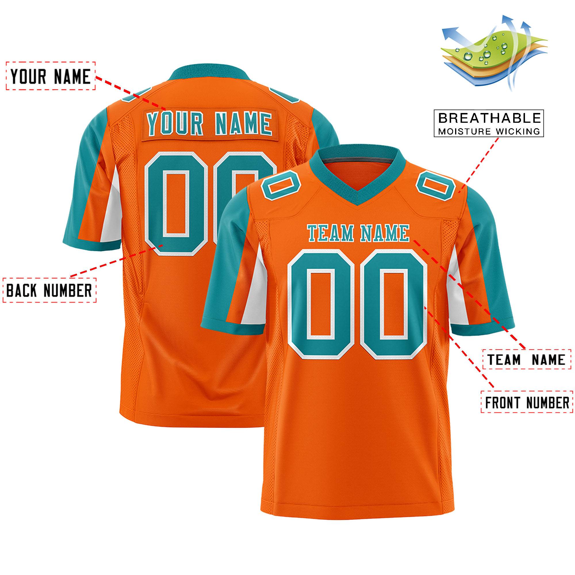 Custom Orange Aqua-White Color Block Personalized Raglan Sleeves Authentic Football Jersey