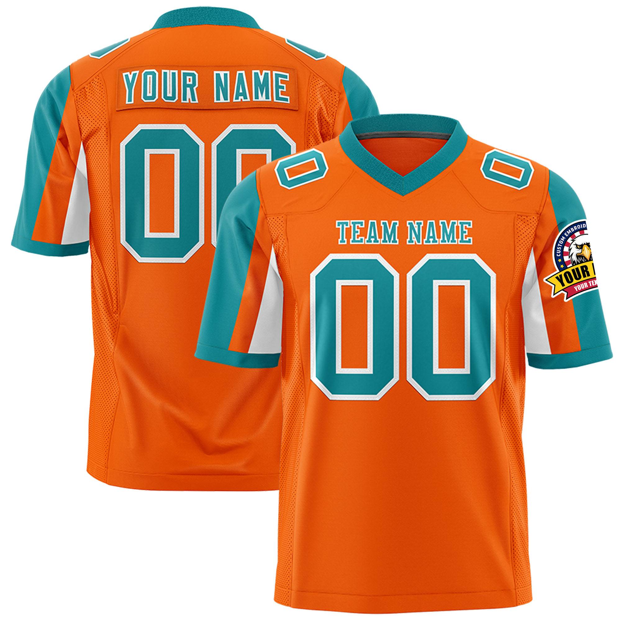 Custom Orange Aqua-White Color Block Personalized Raglan Sleeves Authentic Football Jersey