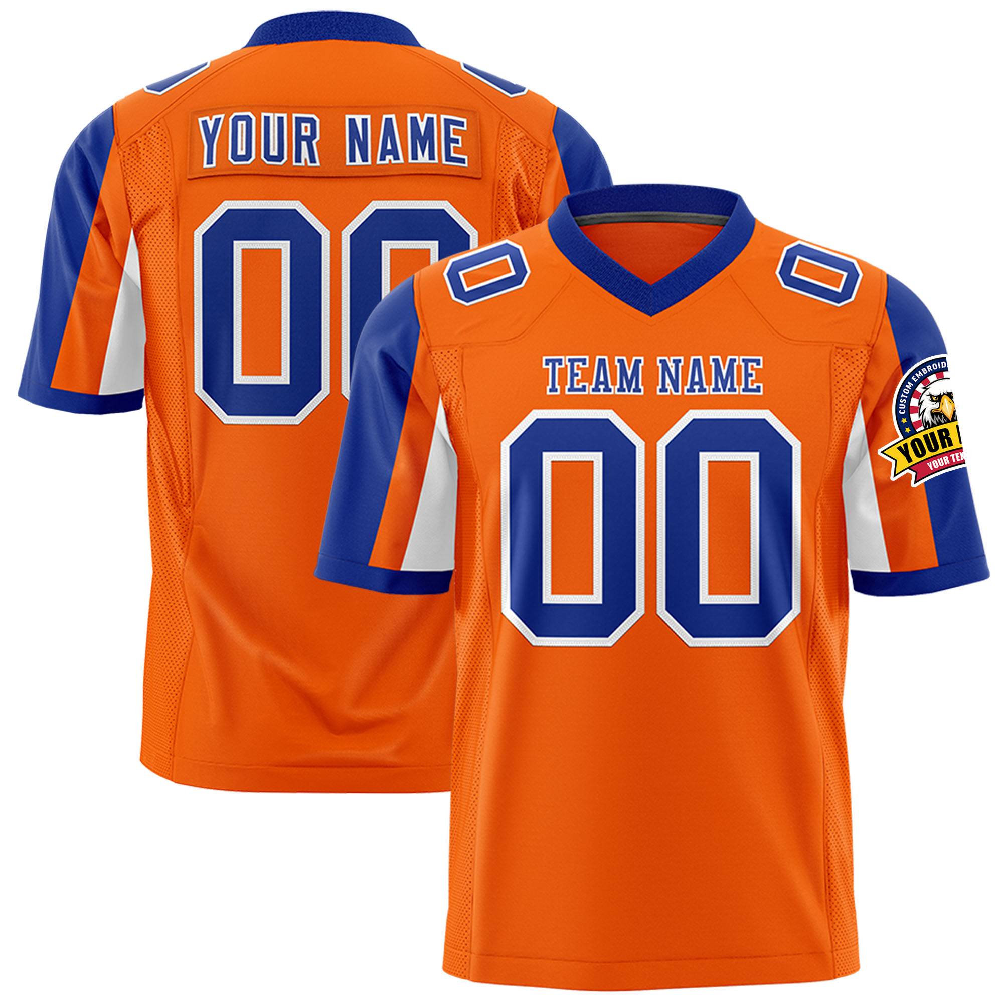 Custom Orange Royal-White Color Block Personalized Raglan Sleeves Authentic Football Jersey