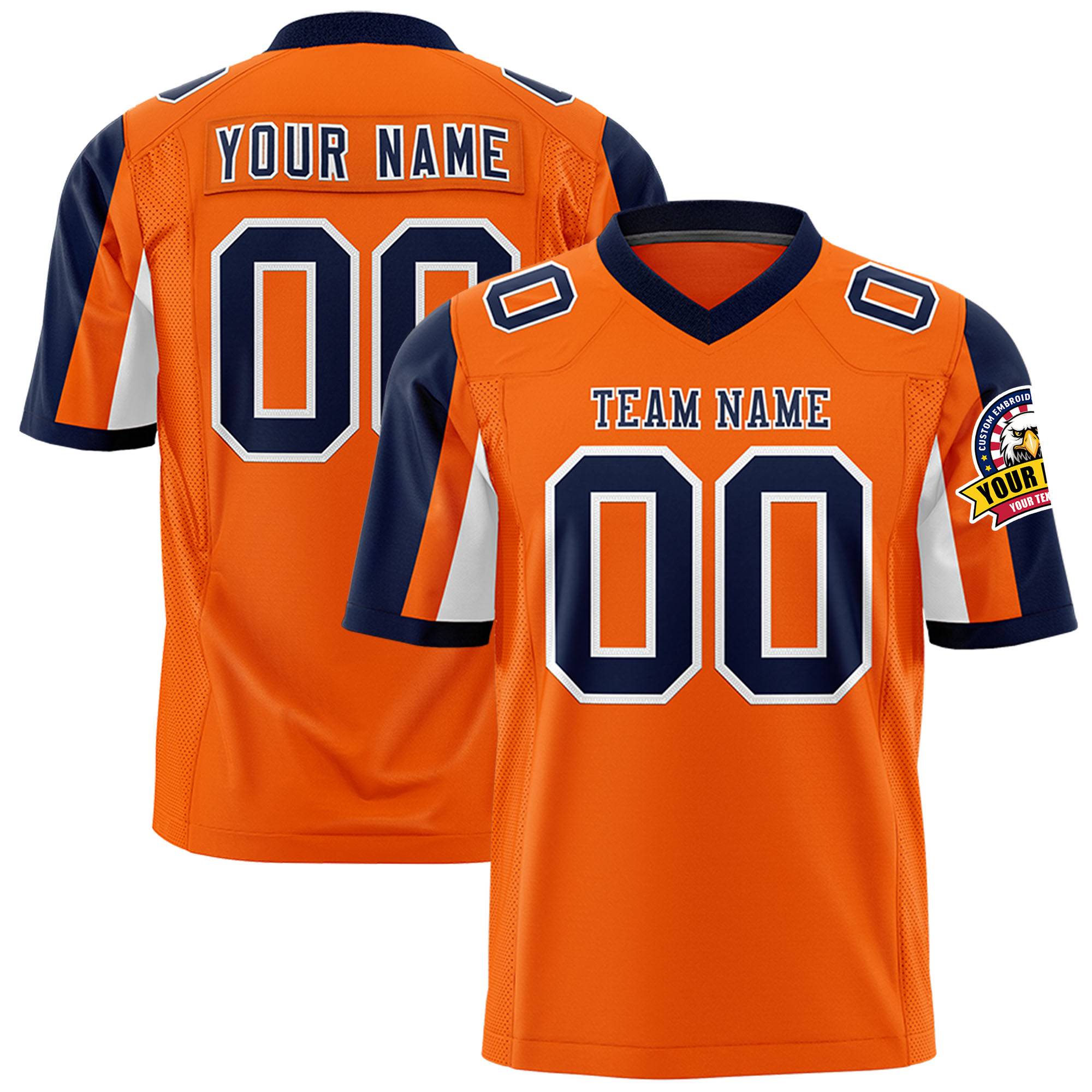 Custom Orange Navy-White Color Block Personalized Raglan Sleeves Authentic Football Jersey