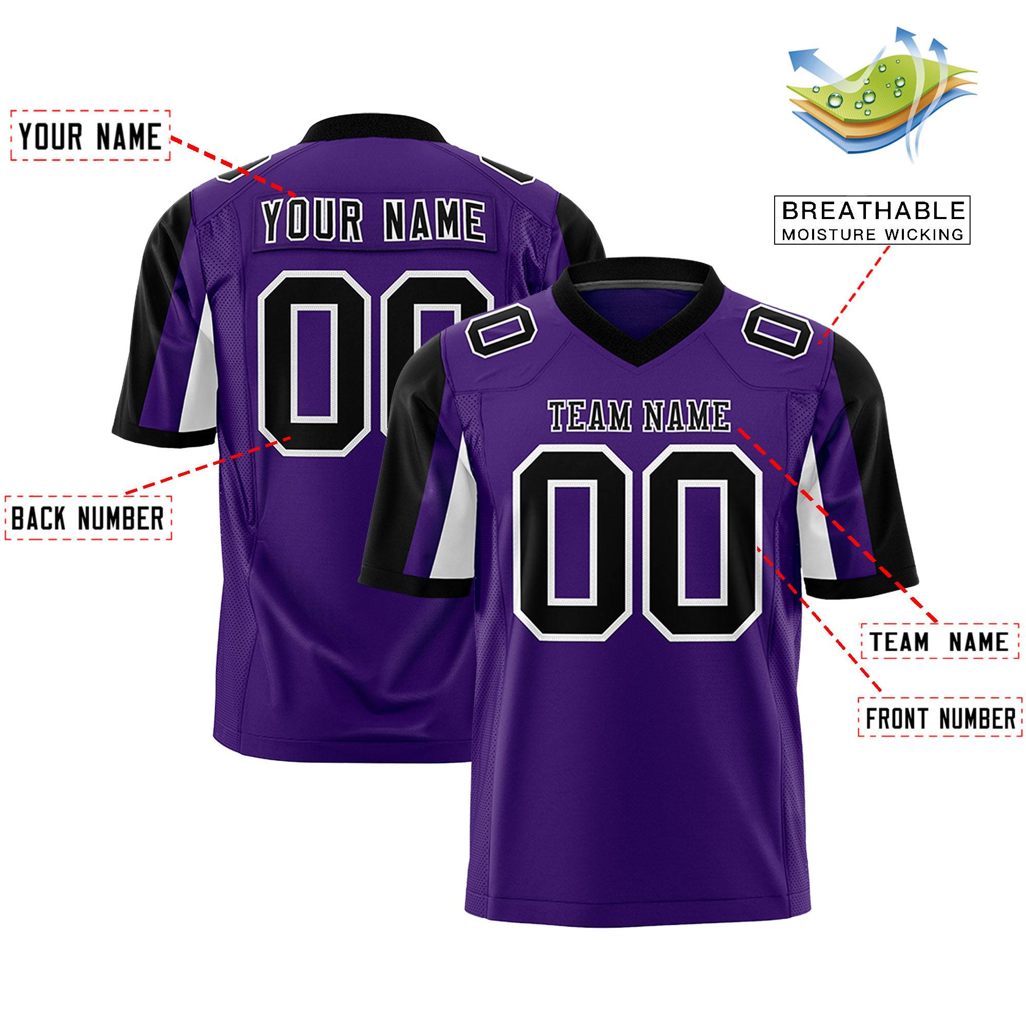 Custom Purple Black-White Color Block Personalized Raglan Sleeves Authentic Football Jersey