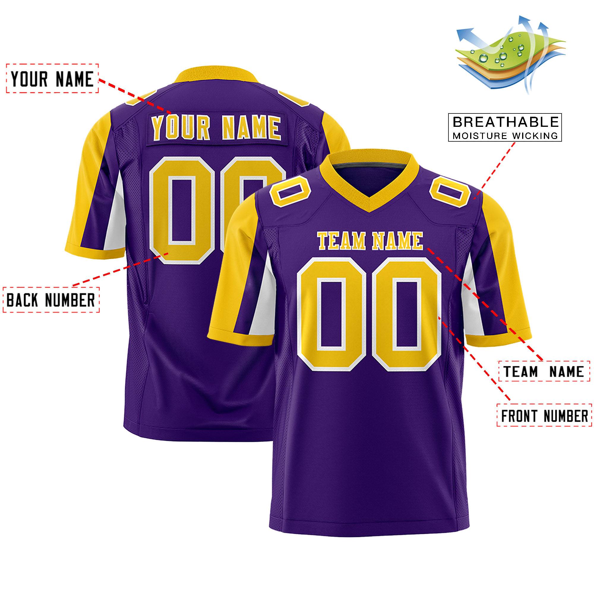 Custom Purple Gold-White Color Block Personalized Raglan Sleeves Authentic Football Jersey