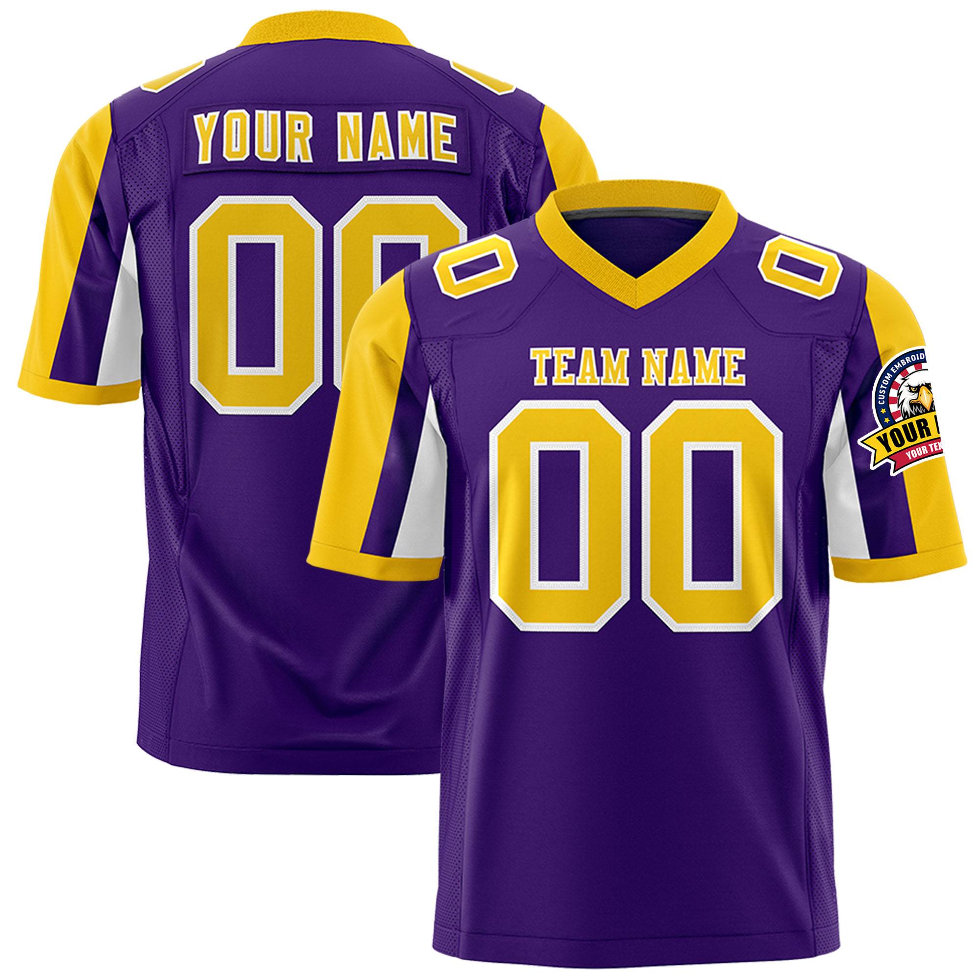 Custom Purple Gold-White Color Block Personalized Raglan Sleeves Authentic Football Jersey