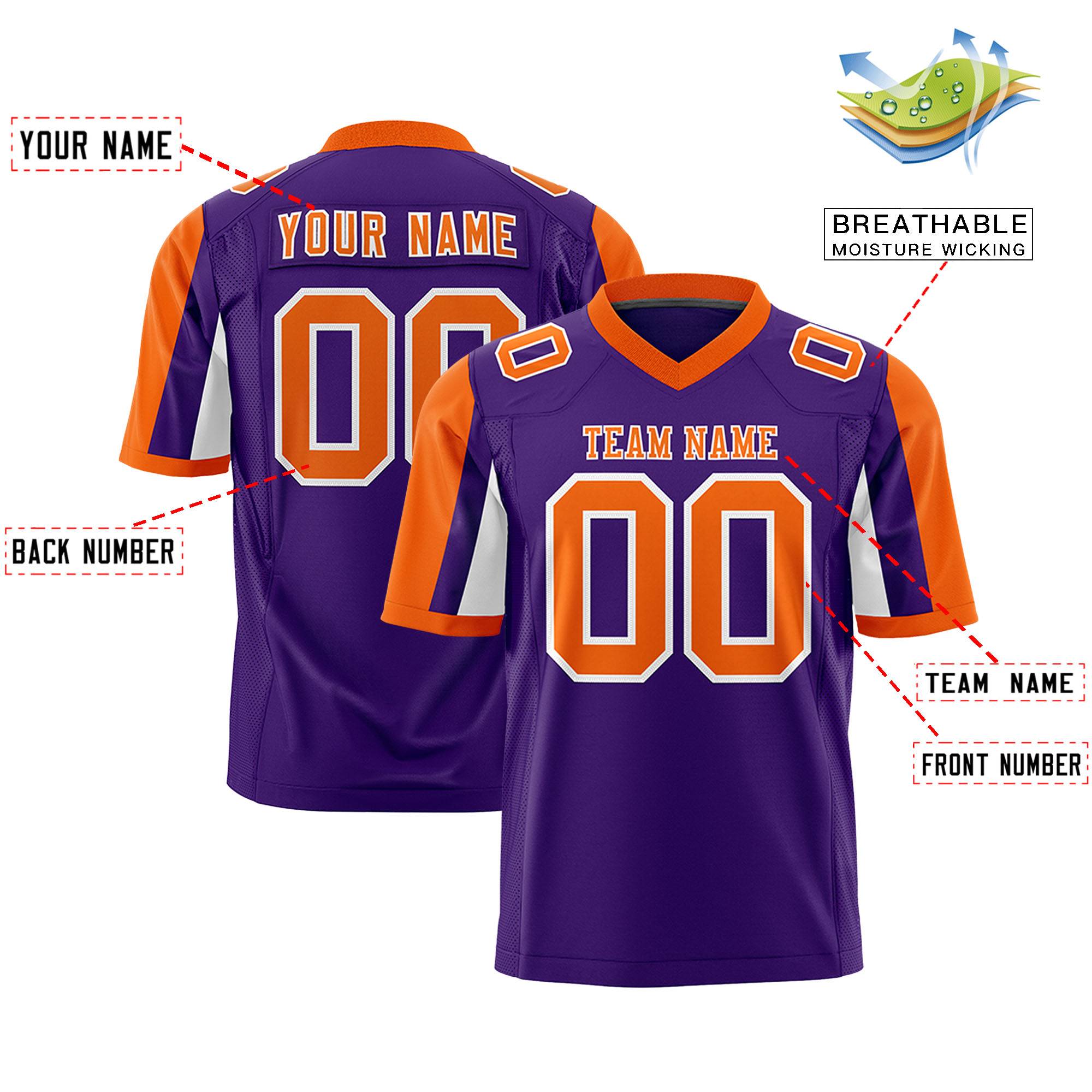 Custom Purple Orange-White Color Block Personalized Raglan Sleeves Authentic Football Jersey