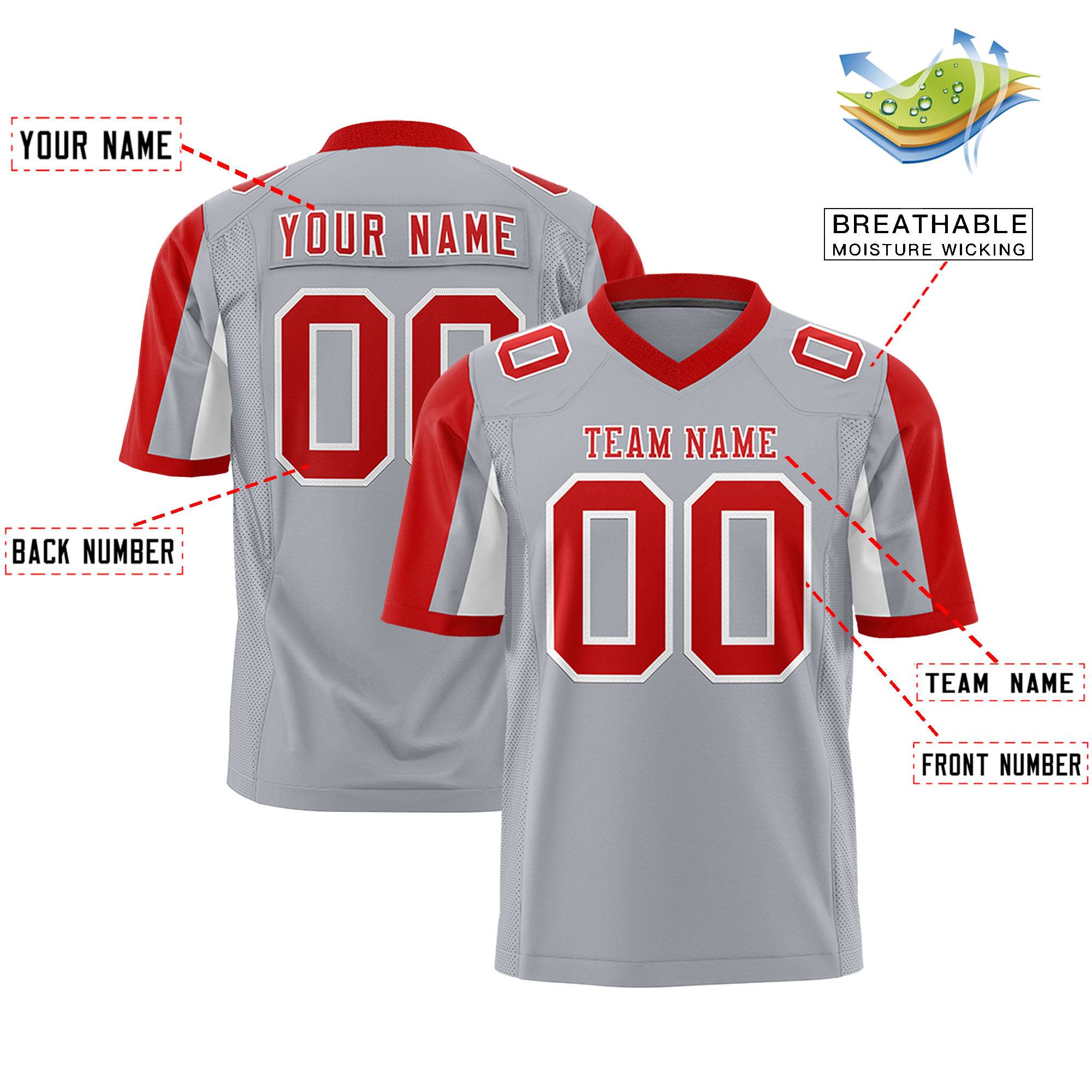 Custom Gray Red-White Color Block Personalized Raglan Sleeves Authentic Football Jersey