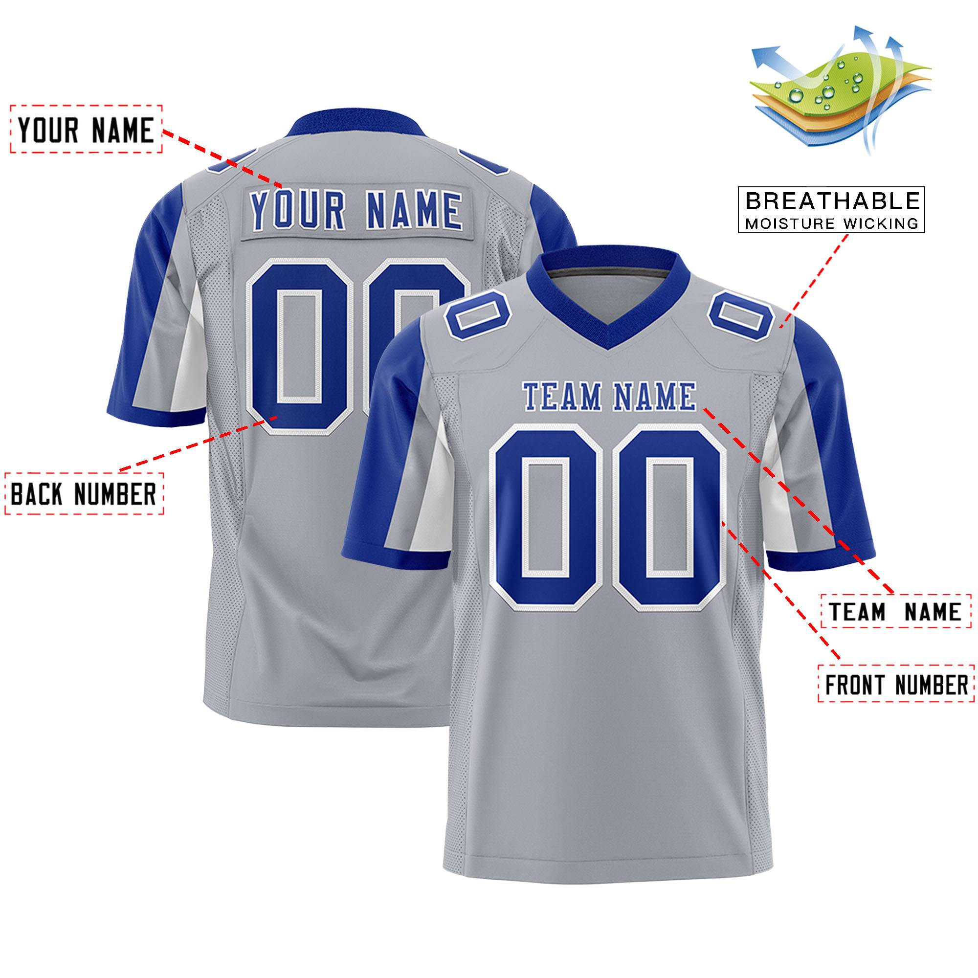 Custom Gray Royal-White Color Block Personalized Raglan Sleeves Authentic Football Jersey